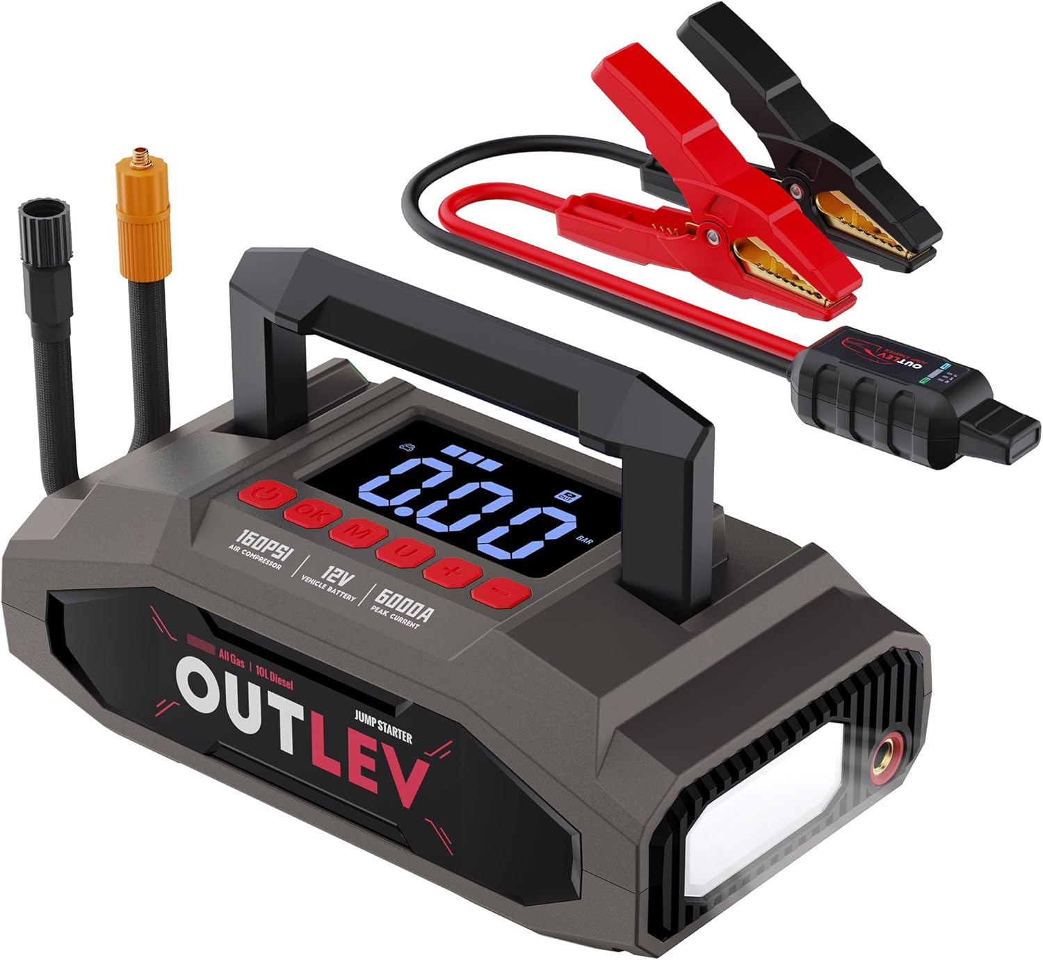 Jump Starter with Air Compressor for All Gas  10.0L Diesel Engines, 6000A Jump Starter Battery Pack, Portable Power Bank, Safety Protection, Self-Driving Tour Essential