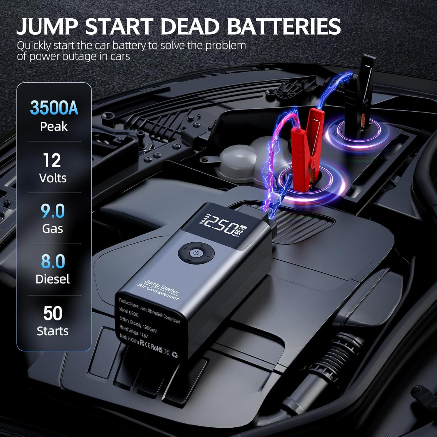 Jump Starter with Air Compressor, LERTIN 3500A 150PSI Portable Car Battery Jump Starter Pack, for Up to 9.0 Gas/8.0L Diesel Engine, 12V Jump Box with USB Quick Charge/3 Modes Lights/Large LCD Display