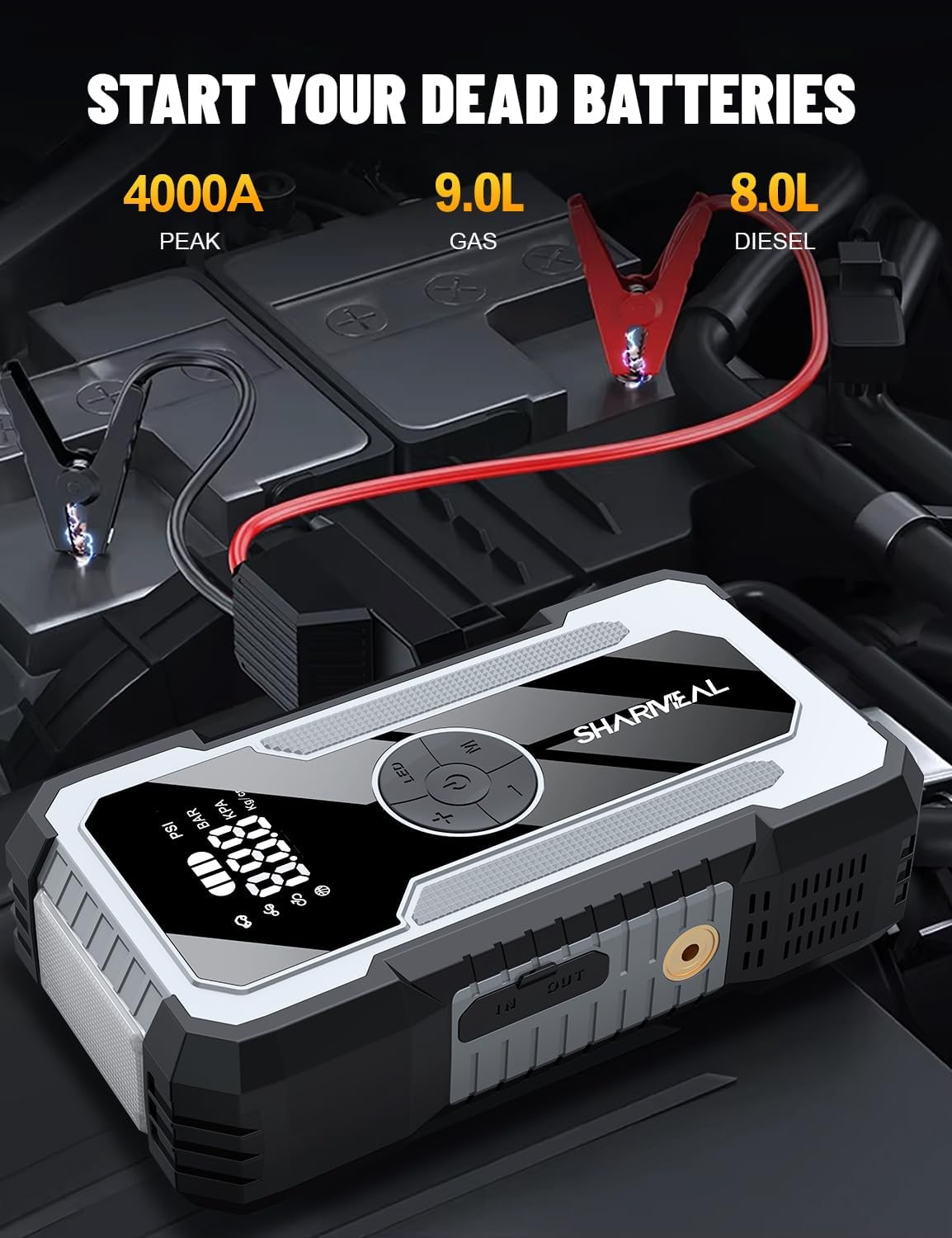 Jump Starter with Air Compressor, Sharmeal 4000A 150PSI Car Jump Starter Battery Pack (9.0 Gas/8.0L Diesel), 12V Car Battery Jump Starter