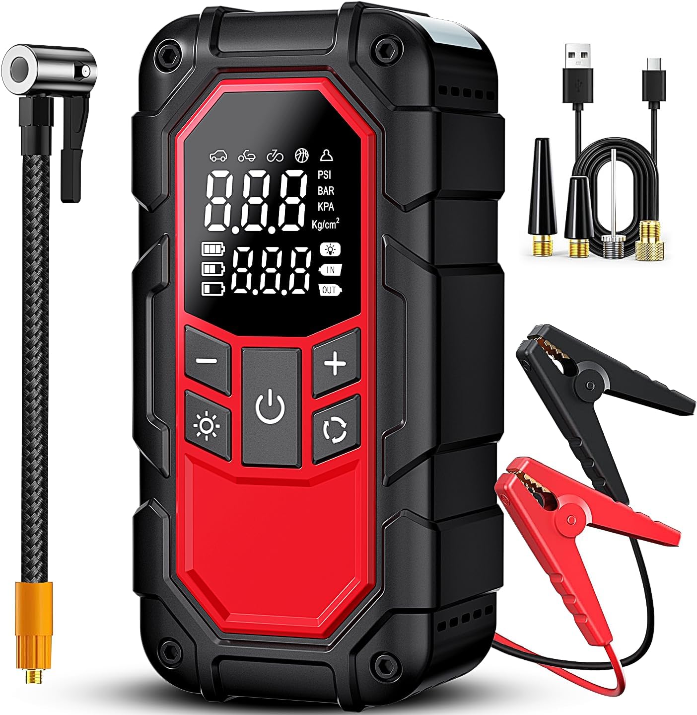 Jump Starter with Air Compressor,3000A car Battery Jump Starter (9.0 Gasoline/6.5L Diesel) with 150PSI Digital tire inflator Portable,12V Power Pack Car Jump Box Charger with LCD Display, Lights
