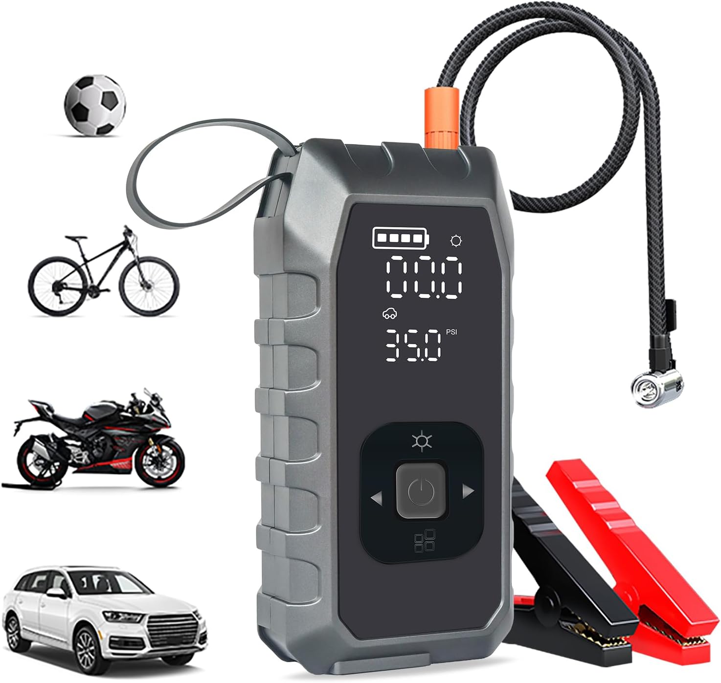 Jump Starter With Tire Inflator, Portable Air CompressorCar Air Pump, 150PSI Cordless Dual-Cylinder 2X Faster Air Inflation with Clamps, Lighting, Power Bank, Fits Motorcycles, Bikes, Balls