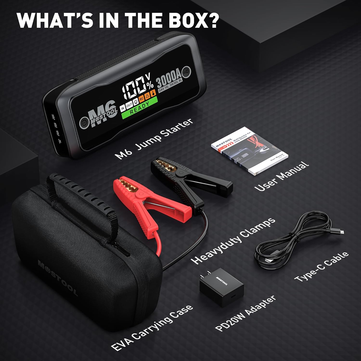 MOSTOOL M6 Car Jump Starter, 3000A Peak 12V Battery Jump Starter Power Pack with LED Display, Compact Portable Jumper Starter Jump Box for Car Battery, for All Gas Engines and Up to 8.0L Diesel