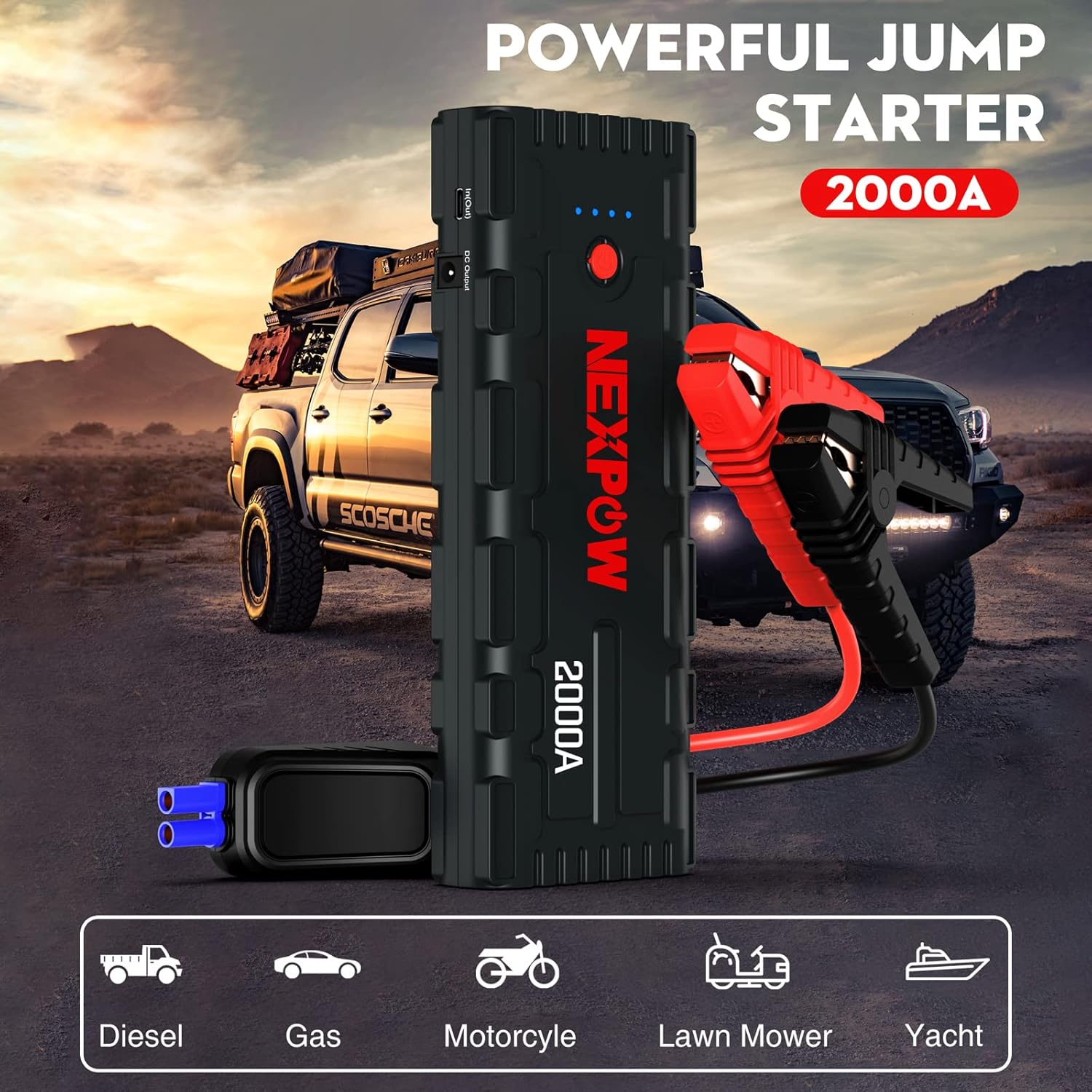 NEXPOW 2000A Peak Car Jump Starter with USB Quick Charge 3.0 (Up to 7.0L Gas or 6.5L Diesel Engine), 12V Portable Jump Box, Battery Booster with Built-in LED Light