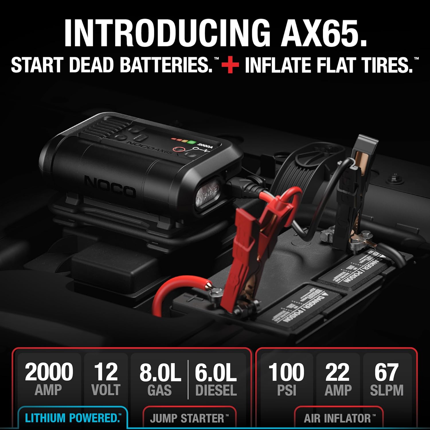 NOCO Boost Air AX65: 2000A Jump Starter with Air Compressor Tire Inflator – Starts 8.0L Gas  6.0L Diesel – 67 SLPM Airflow Inflates 0–40 PSI in 2 Minutes