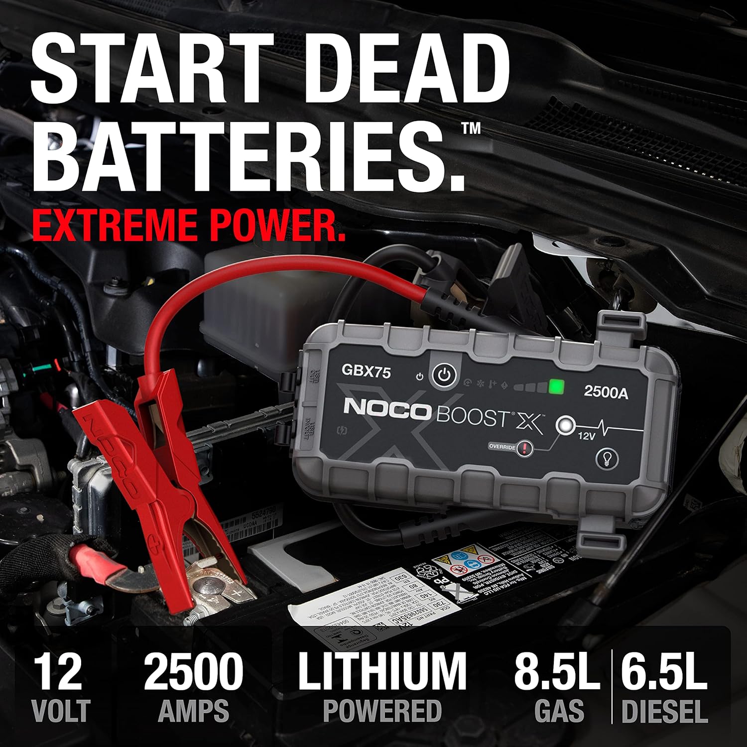 NOCO Boost X GBX75: 2500A UltraSafe Jump Starter – 12V Lithium Battery Booster Pack, Portable Jump Box, Power Bank  Jumper Cables - for 8.5L Gas and 6.5L Diesel Engines
