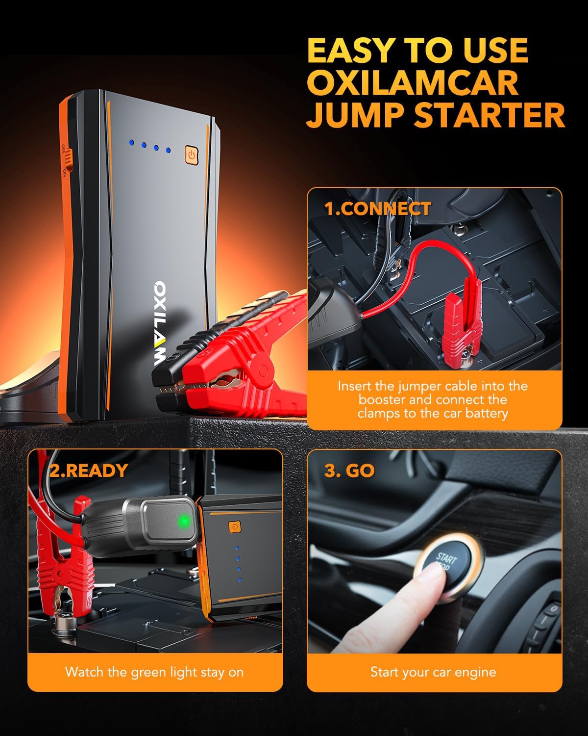 OXILAM Jump Starter, 4000A Peak Car Battery Jumper Starter Portable, Up to 10L Gas and 8L Diesel Engines, 12V Jumper Cables with Battery Pack, Power Bank, 600 LM LED Flashlight, Orange