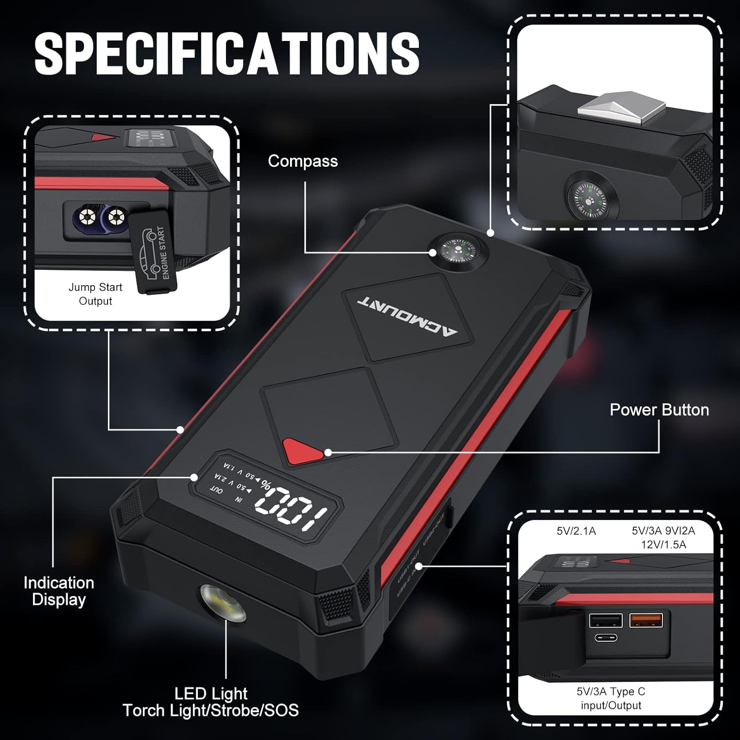 P100 Car Jump Starter, 5000A Peak Lithium Jump Starter Battery Pack for Up to 10.0L Gas or 8.0L Diesel Engine, Safe 12V Portable Battery Starter Power Pack with LED Screen  LED Light