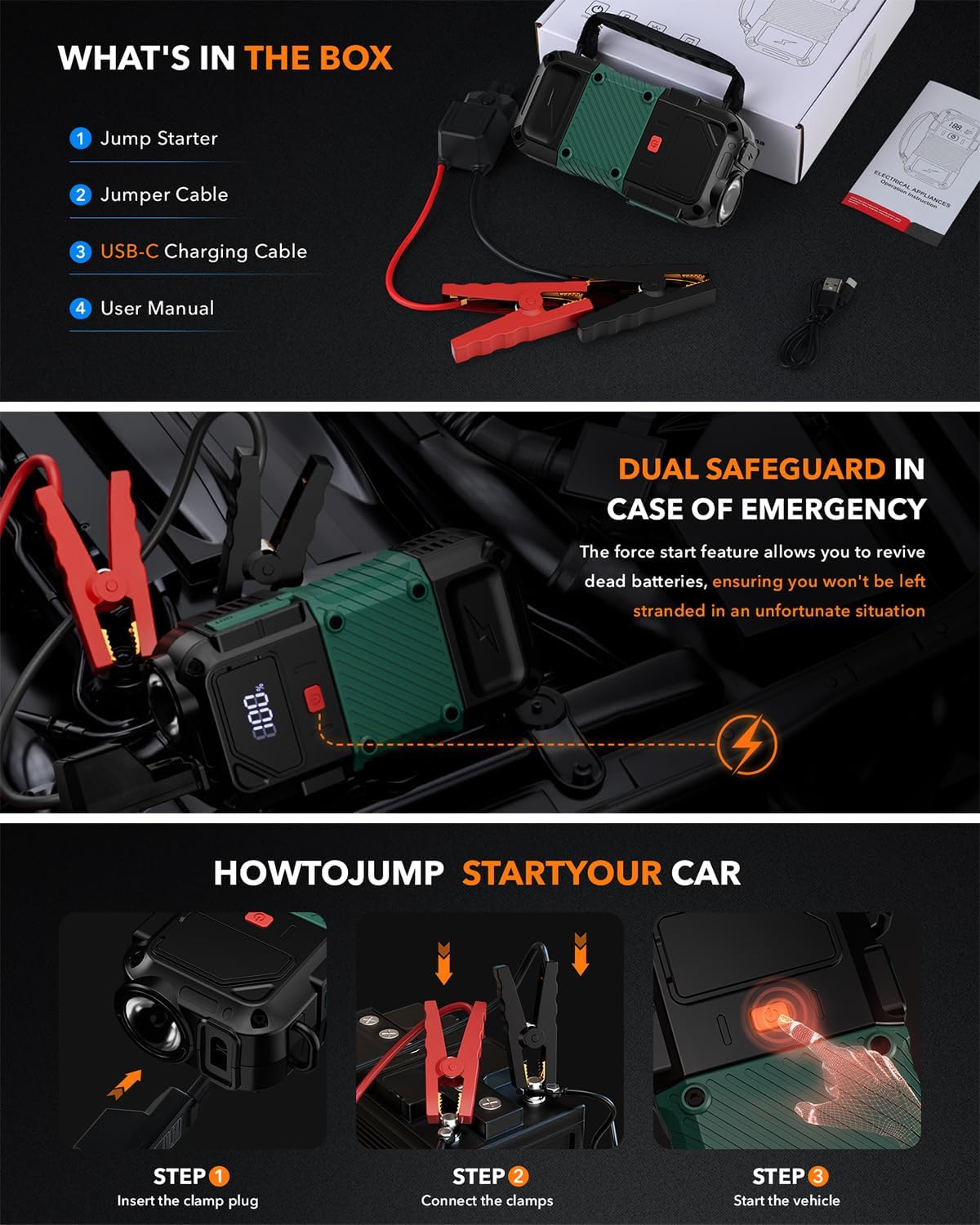 Portable Car Battery Jump Starter, 3000A - 12V Portable Jump Box for 6.0L Diesel  8.0L Gas, Compact Battery Jump Pack, Extended Smart Jumper Cables Equipped, USB Outputs, and Lights