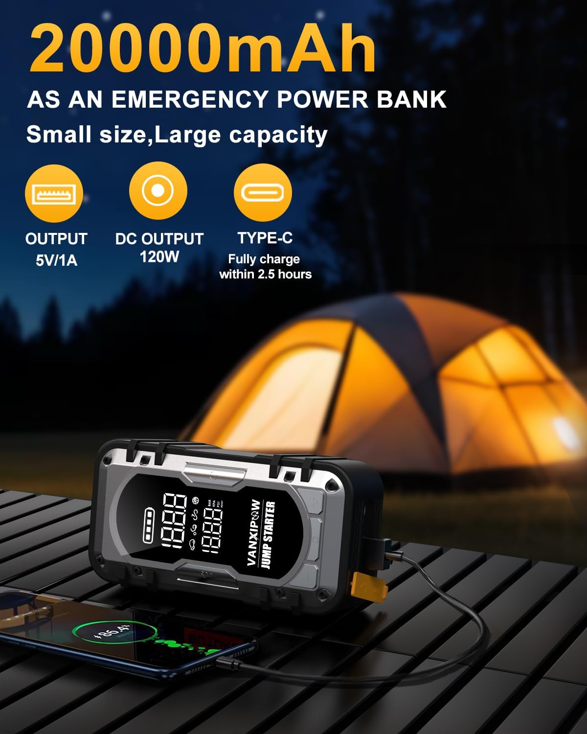 Portable Car Battery Jump Starter with Air Compressor, VANXIPOW 4500A 150PSI (9.0 L Gas/8.0L Diesel), 12V Jump Box Car Battery with 600 Lm LED Light, with Large LED Display, Power Bank