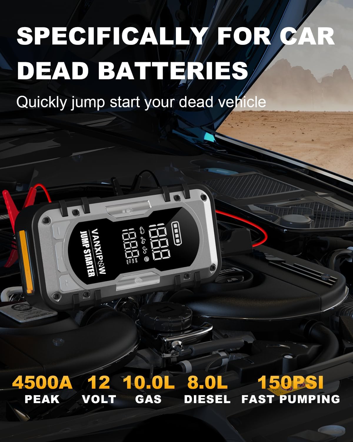 Portable Car Battery Jump Starter with Air Compressor, VANXIPOW 4500A 150PSI (9.0 L Gas/8.0L Diesel), 12V Jump Box Car Battery with 600 Lm LED Light, with Large LED Display, Power Bank