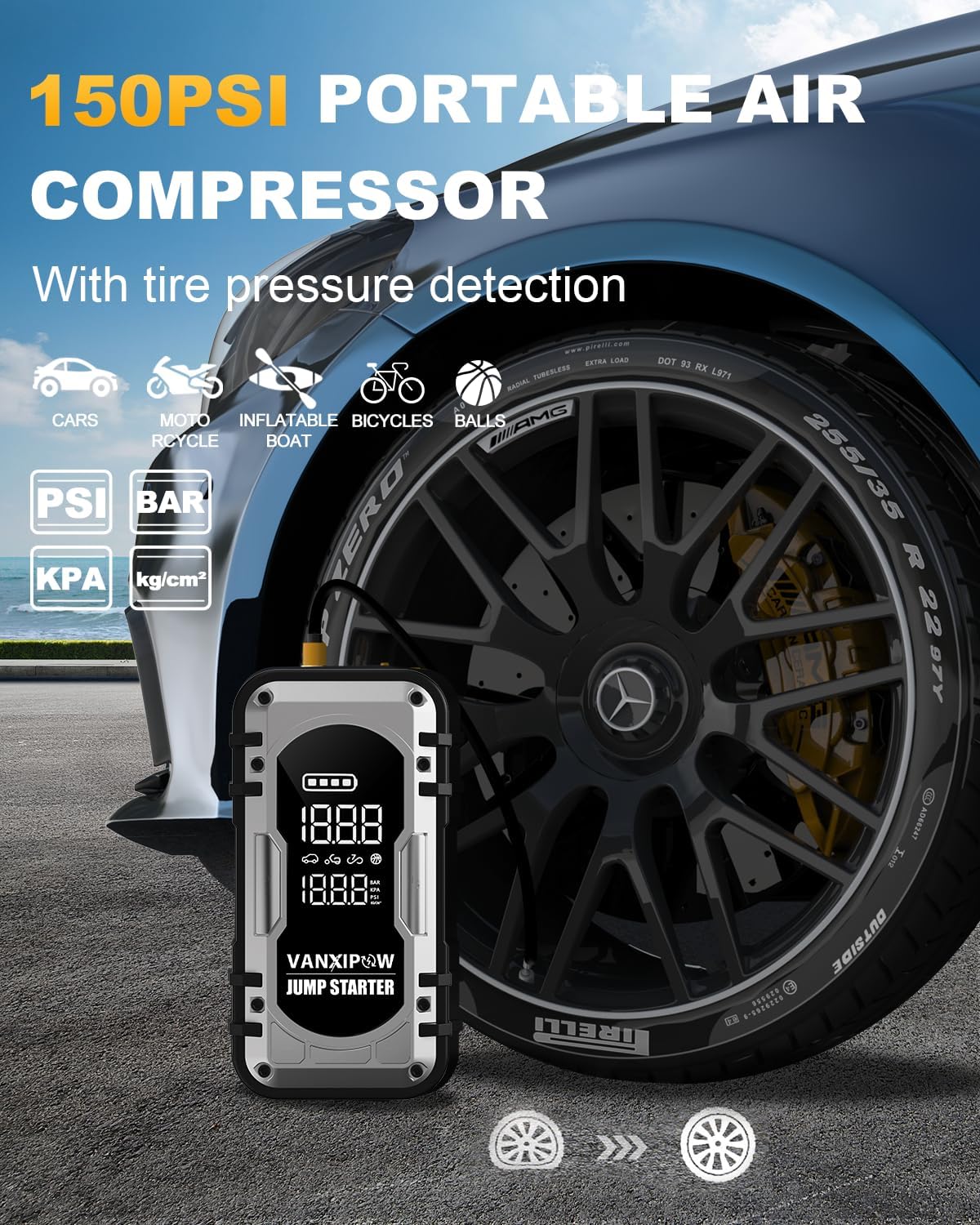 Portable Car Battery Jump Starter with Air Compressor, VANXIPOW 4500A 150PSI (9.0 L Gas/8.0L Diesel), 12V Jump Box Car Battery with 600 Lm LED Light, with Large LED Display, Power Bank