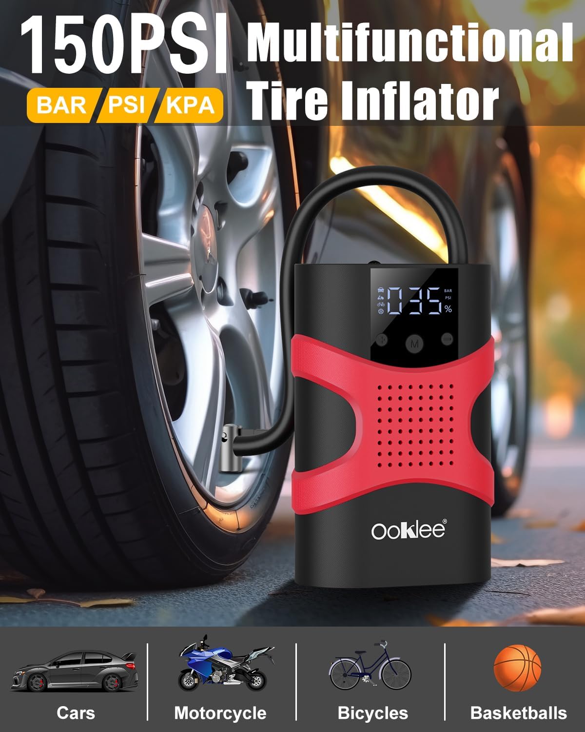 Portable Car Jump Starter with Air Compressor 150PSI Tire Inflator Portable Air Compressor,12V 3000A Car Battery Jump Starter Battery Pack with LED Display and Lights, Output and Input Power