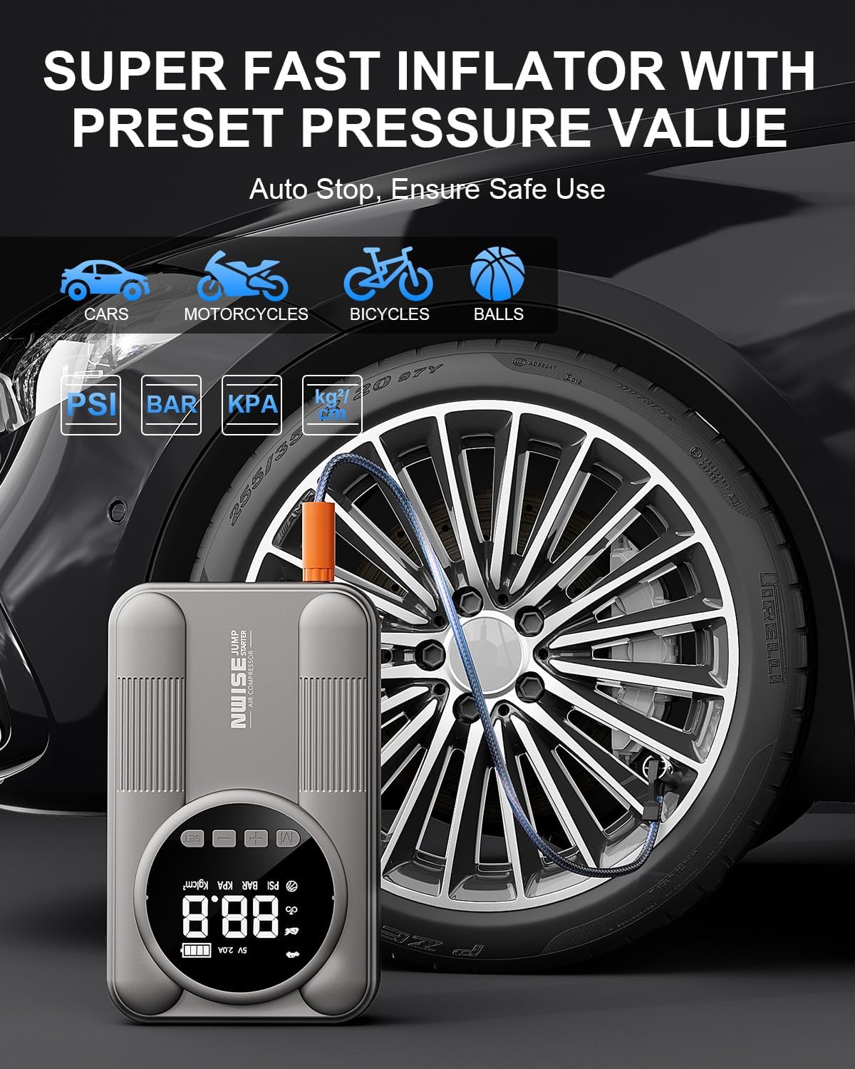 Portable Car Jump Starter with Air Compressor, 160PSI 6000A Jump Box Battery Pack with Digital Tire Inflator,12V Booster Pack with Large LCD Display, Emergency Light