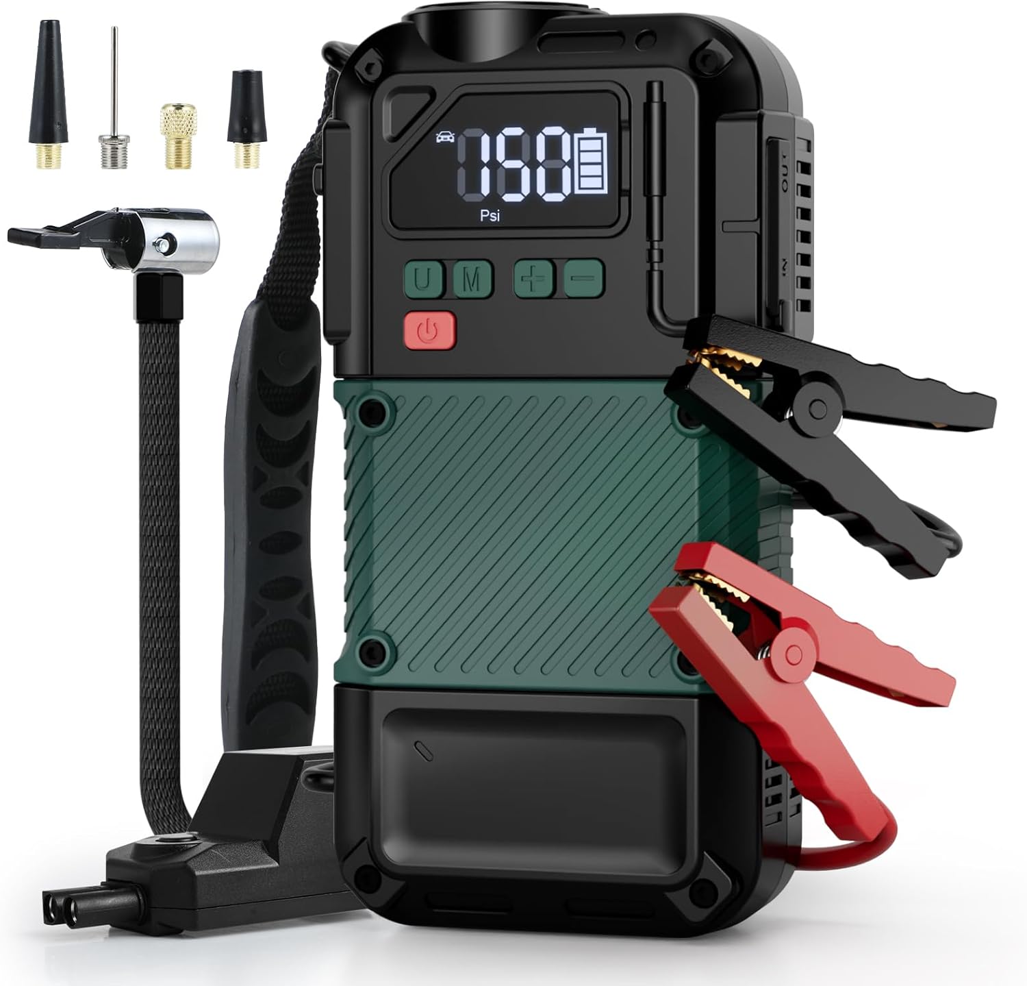 Portable Car Jump Starter with Air Compressor - 3000A/150PSI, 12V Portable Jump Box for 5.0L Diesel  8.0L Gas, Compact Battery Jump Pack, Extended Smart Jumper Cables, USB Outputs, and Lights