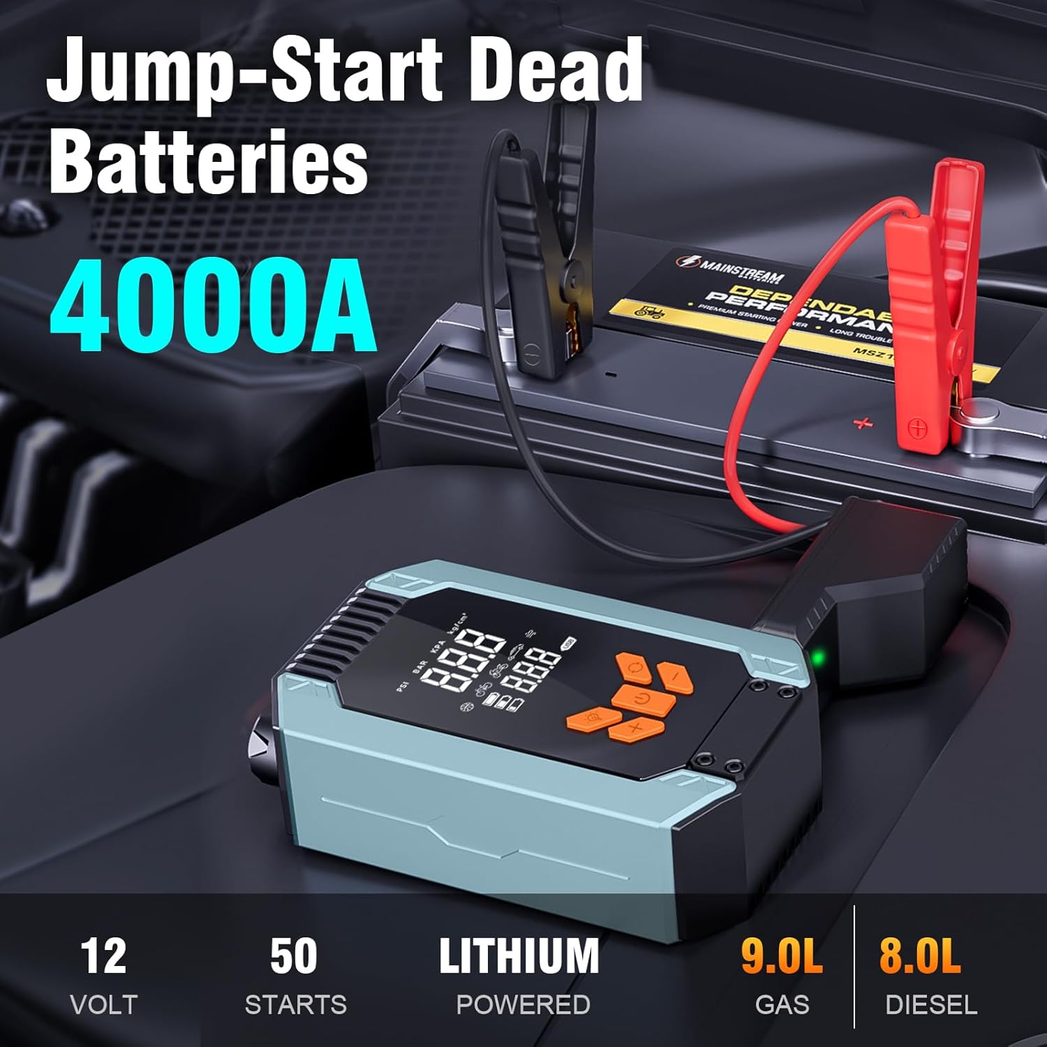 Portable Car Jump Starter with Air Compressor, 4000A 150PSI Battery Jumper Starter (9.0 Gas/8.0L Diesel), 12V Jump Box with Smart Jumper Cables, Tire Pressure Display, LED Flashlight and LCD Display