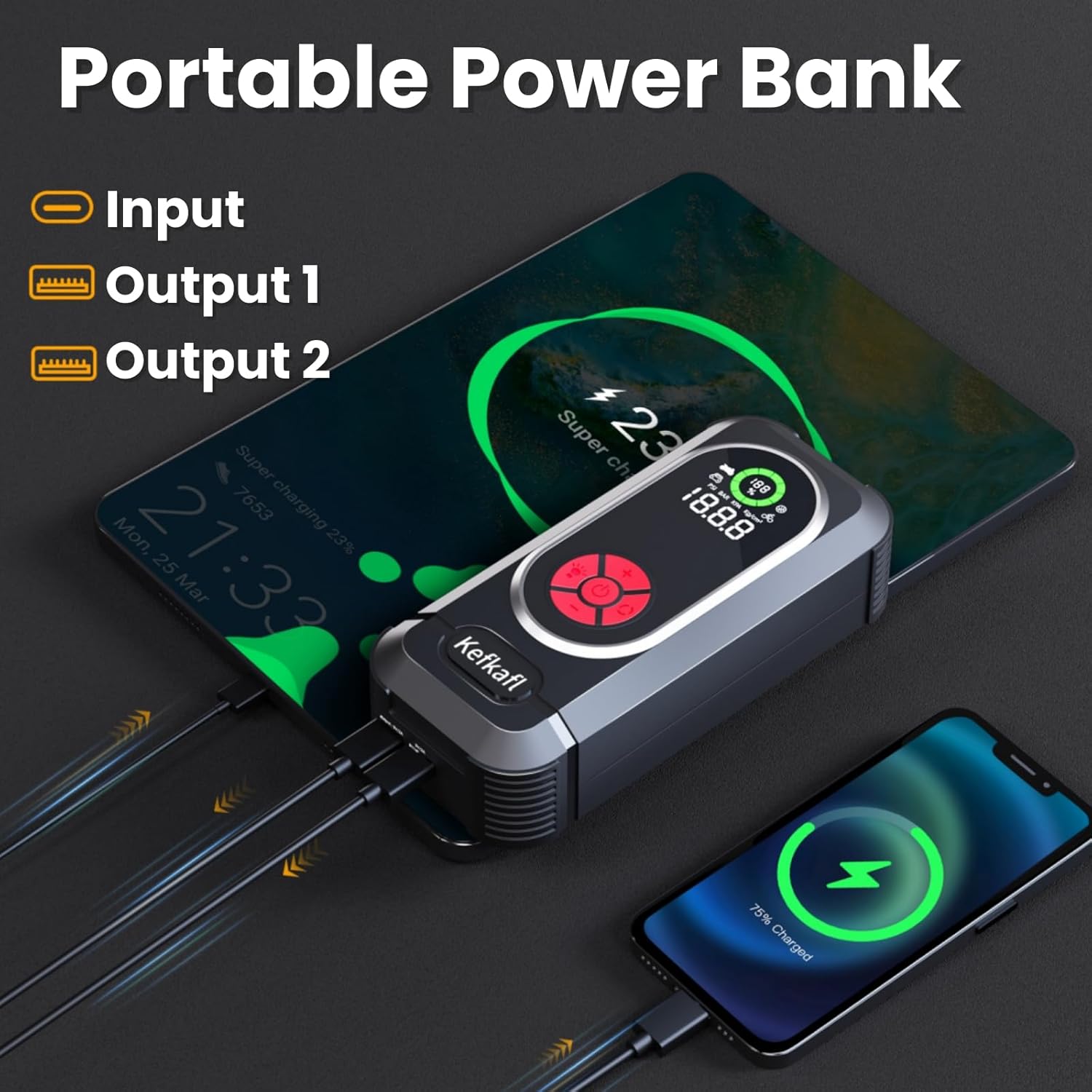 Portable Car Jump Starter with Air Compressor, Kefkafl 4500A 150PSI Car Battery Jump Starter Battery Pack (10.0L Gas/10.0L Diesel), 12V Jump Box with Tire Inflator, Flashlight, Display, Power Bank