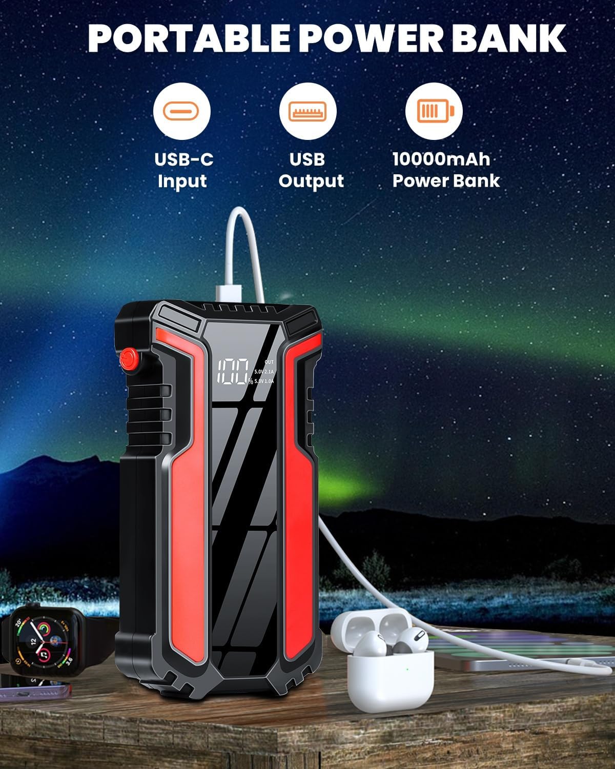 Portable Car Jump Starter with Air Compressor, Kefkafl 4500A 150PSI Car Battery Jump Starter Battery Pack (10.0L Gas/10.0L Diesel), 12V Jump Box with Tire Inflator, Flashlight, Display, Power Bank