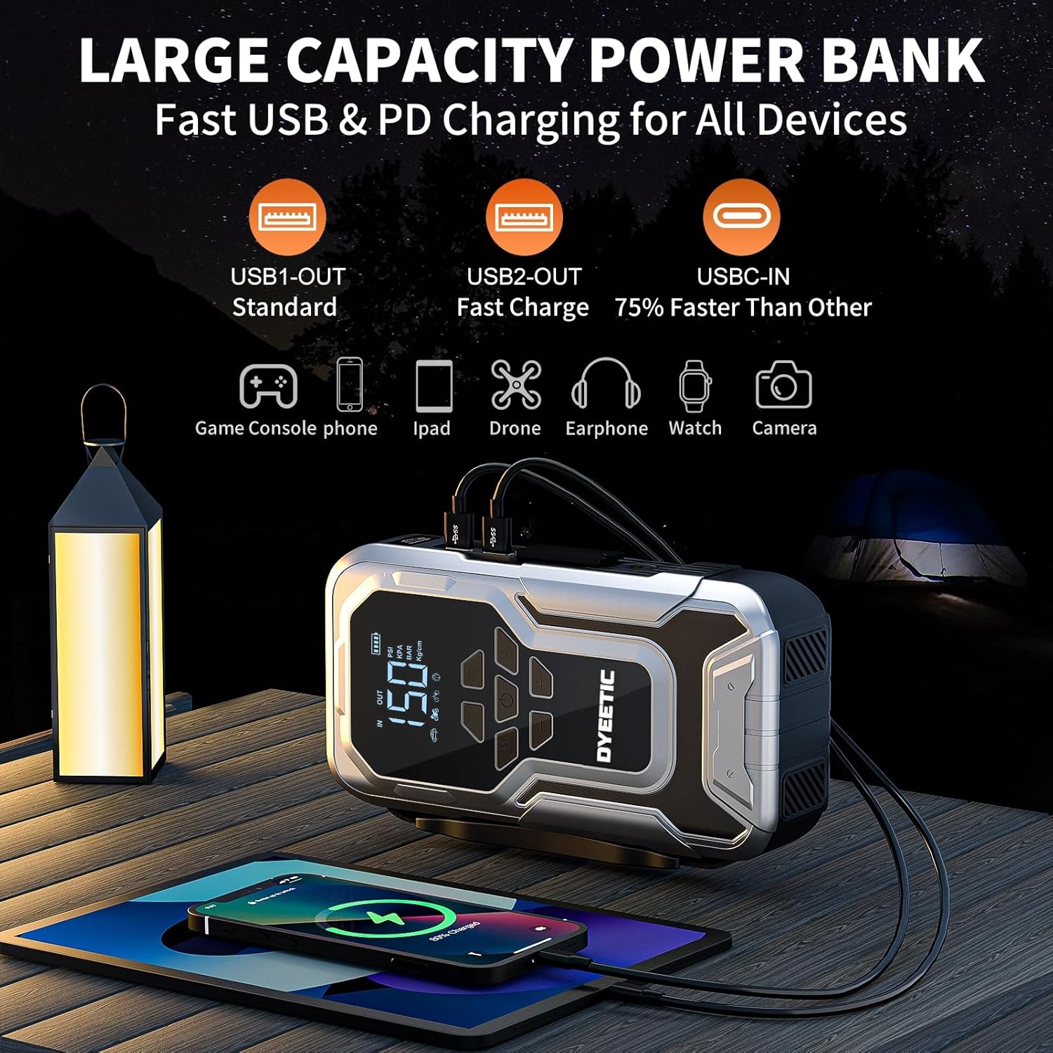 Portable Car Jump Starter with Air Compressor,6000A 150PSI Car Battery Jump Starter (All Gas/10.0L Diesel Engines),12V Pack Jump Box with Large Digital Display, 21800mAh Power Bank,Smart Jumper Cable