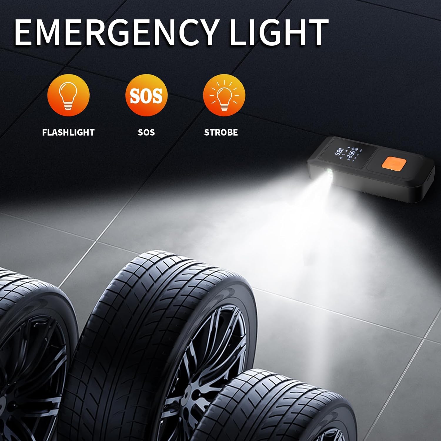 Portable Car Jump Starter,12V Cordless Rechargeable Emergency Battery Jump Starter,LED Light,8000mAh Digital Tire Air Compressor with Gauge/Black + Orange