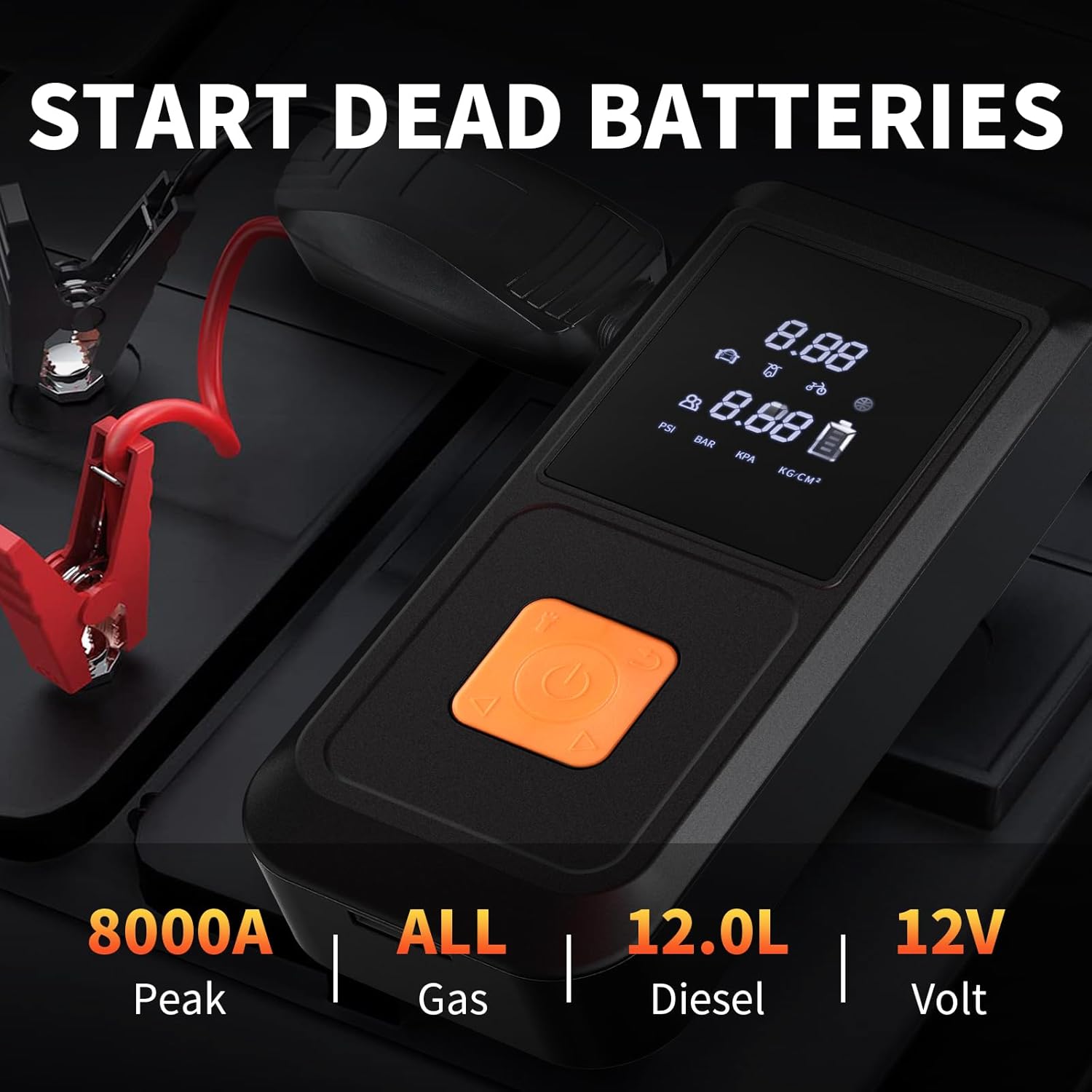Portable Car Jump Starter,12V Cordless Rechargeable Emergency Battery Jump Starter,LED Light,8000mAh Digital Tire Air Compressor with Gauge/Black + Orange