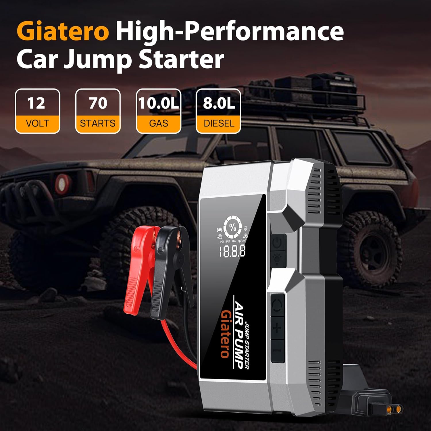 Q13 4000A Portable Car Jump Starter with Air Compressor 150PSI, Jump Start Battery Pack(10.0L Gas/8.0L Diesel), 12V Jump Box with 3 Modes Flashlight  Jumper Cable, LCD Display Power Bank