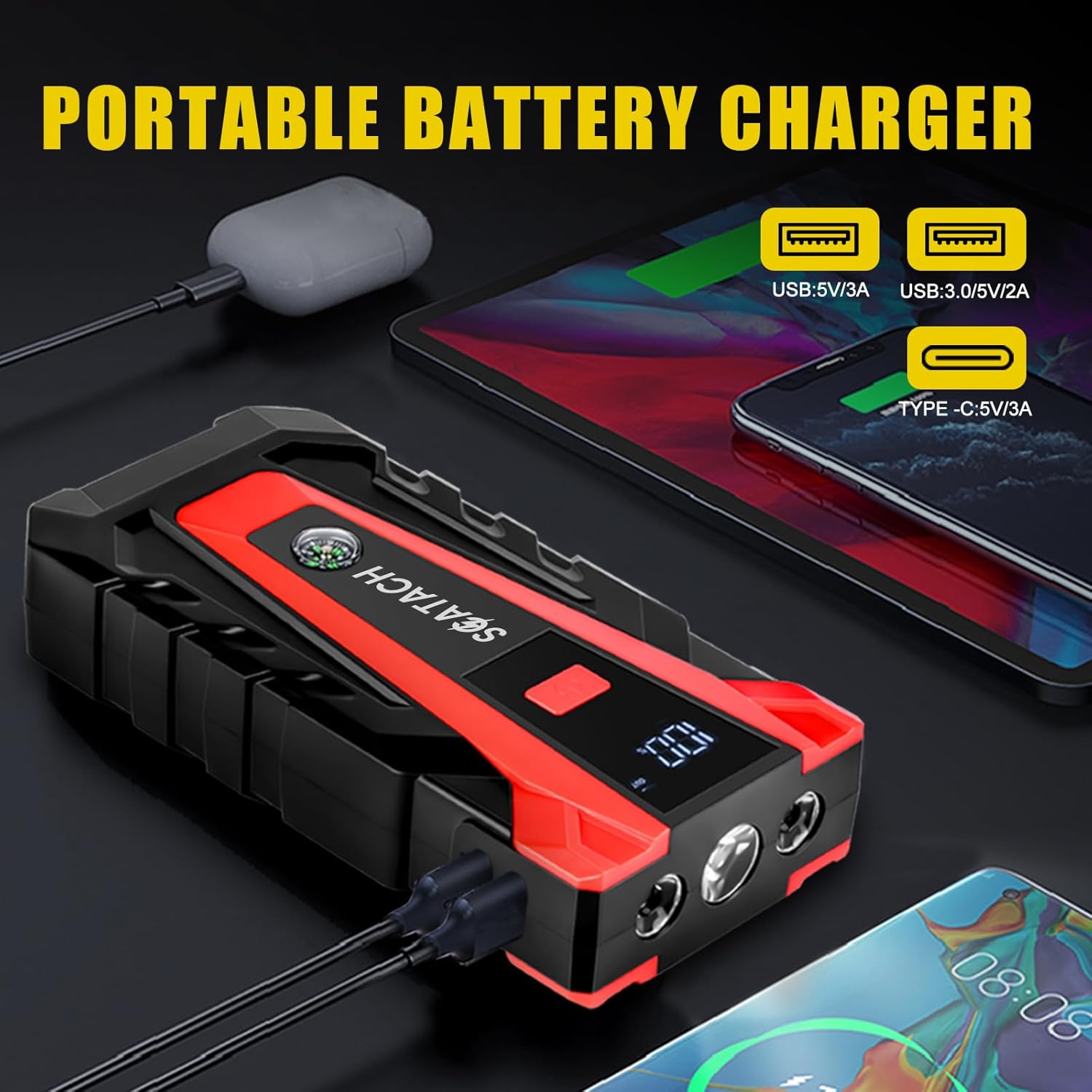 Scatach 011 3000A Car Battery Jump Starter,12V Jump Starter Battery Pack (up to 9.0L Gasoline and 7.0L Diesel Engine), Portable Jump Box with 3 Modes Flashlight and Jumper Cable