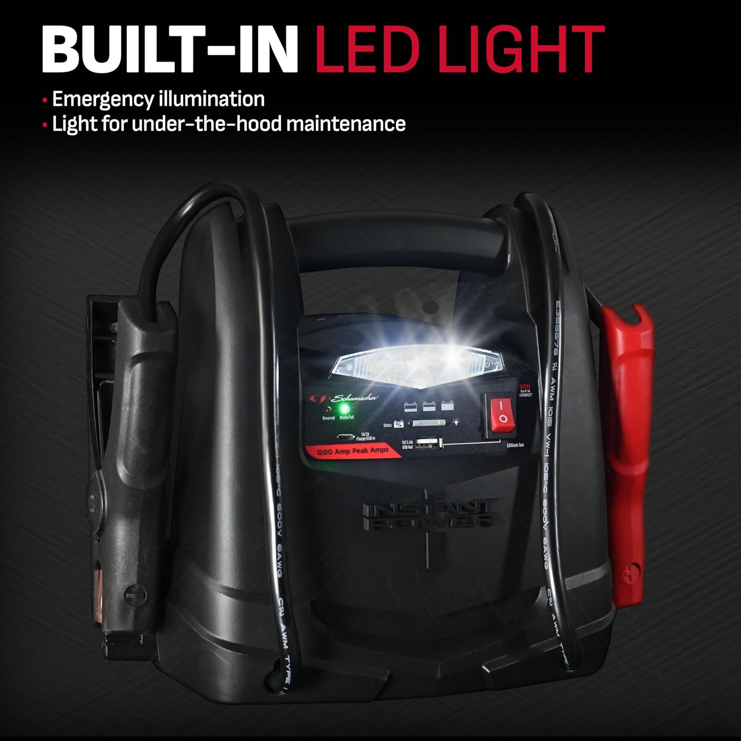 Schumacher Electric Lithium Jump Starter and Portable Power Station, SL1562, 4-in-1, 1200 Amps, 12 Volt, 150-PSI Air Compressor, USB Charging, Starts Car, Truck, Motorcycle, and Marine Batteries