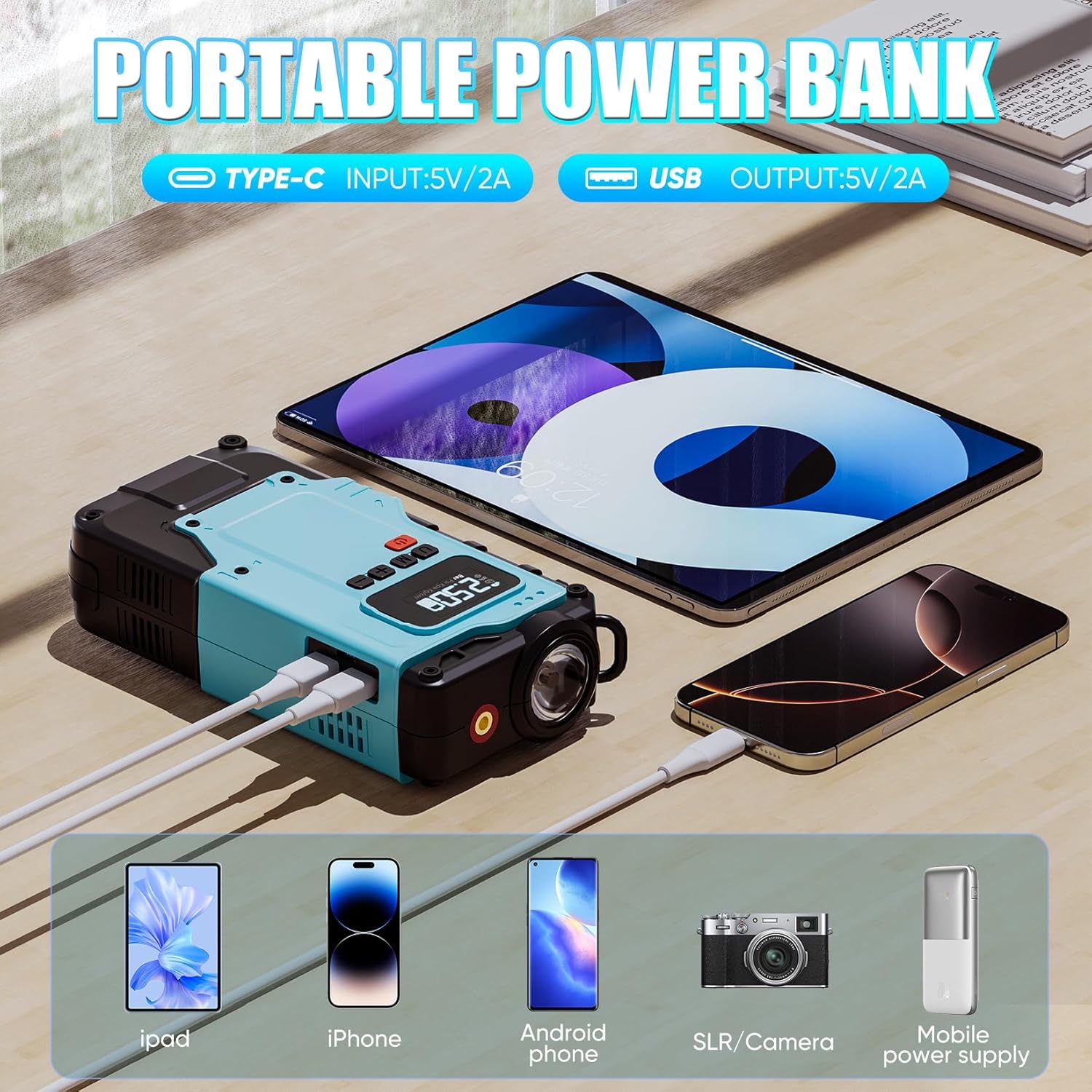 SHALL Portable Car Jump Starter with Air Compressor, 1000A Car Battery Jump Starter with 150PSI Inflator, 12V Jump Box(5L Gas/3L Diesel) with Emergency Lighting and Power Bank