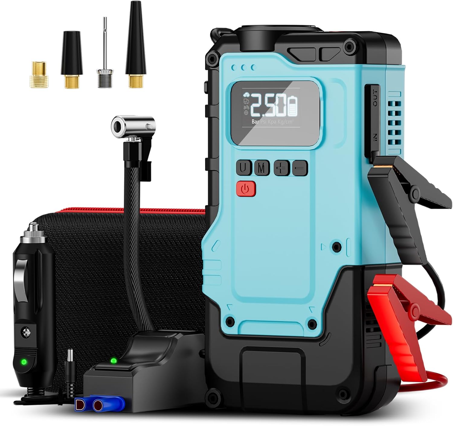SHALL Portable Car Jump Starter with Air Compressor, 1000A Car Battery Jump Starter with 150PSI Inflator, 12V Jump Box(5L Gas/3L Diesel) with Emergency Lighting and Power Bank