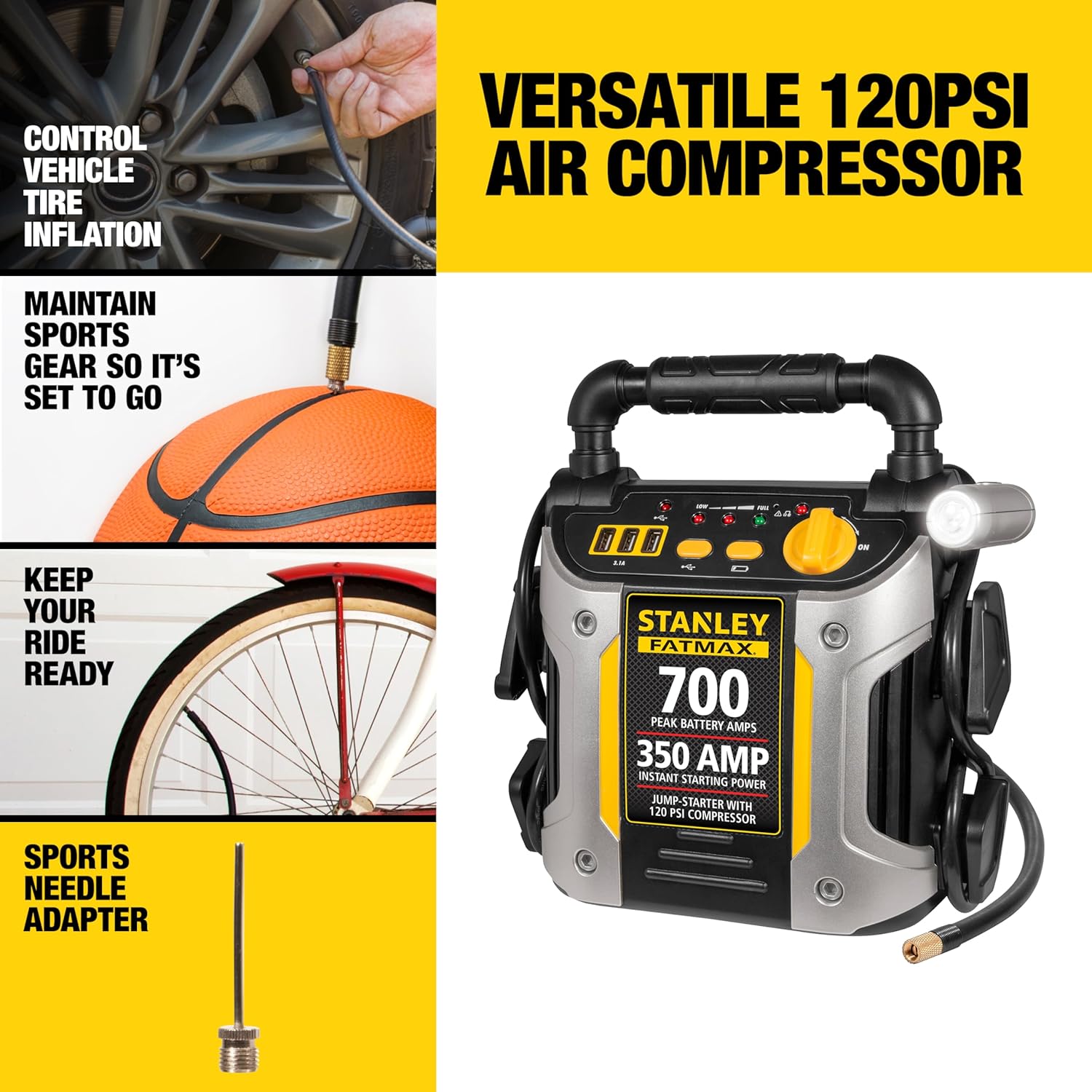 Stanley J7CS 700 Peak Amp Automotive Jump Starter, Portable Power – Triple 15W USB Ports, 120 PSI Air Compressor Stanley J7CS 700 Peak Amp Automotive Jump Starter, Portable Power – Triple 15W USB Ports, 120 PSI Air Compressor
