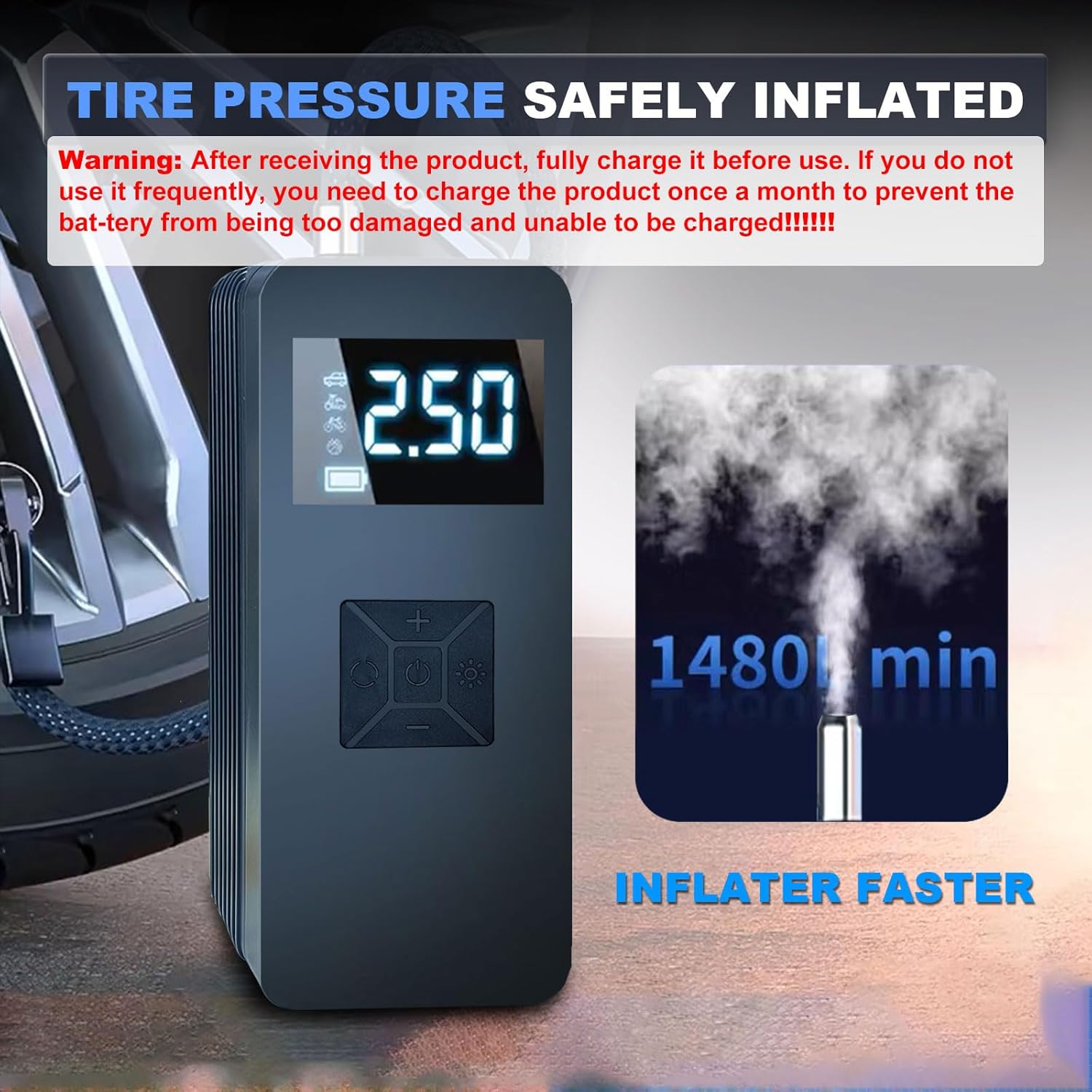 Tire Inflator Portable Air Compressor with Digitally Display Pressure Gauge 20000mA, Car Air Compressor Pump with Jump Starter 150PSI, 14.8 V Car Battery Jump Starter Portable