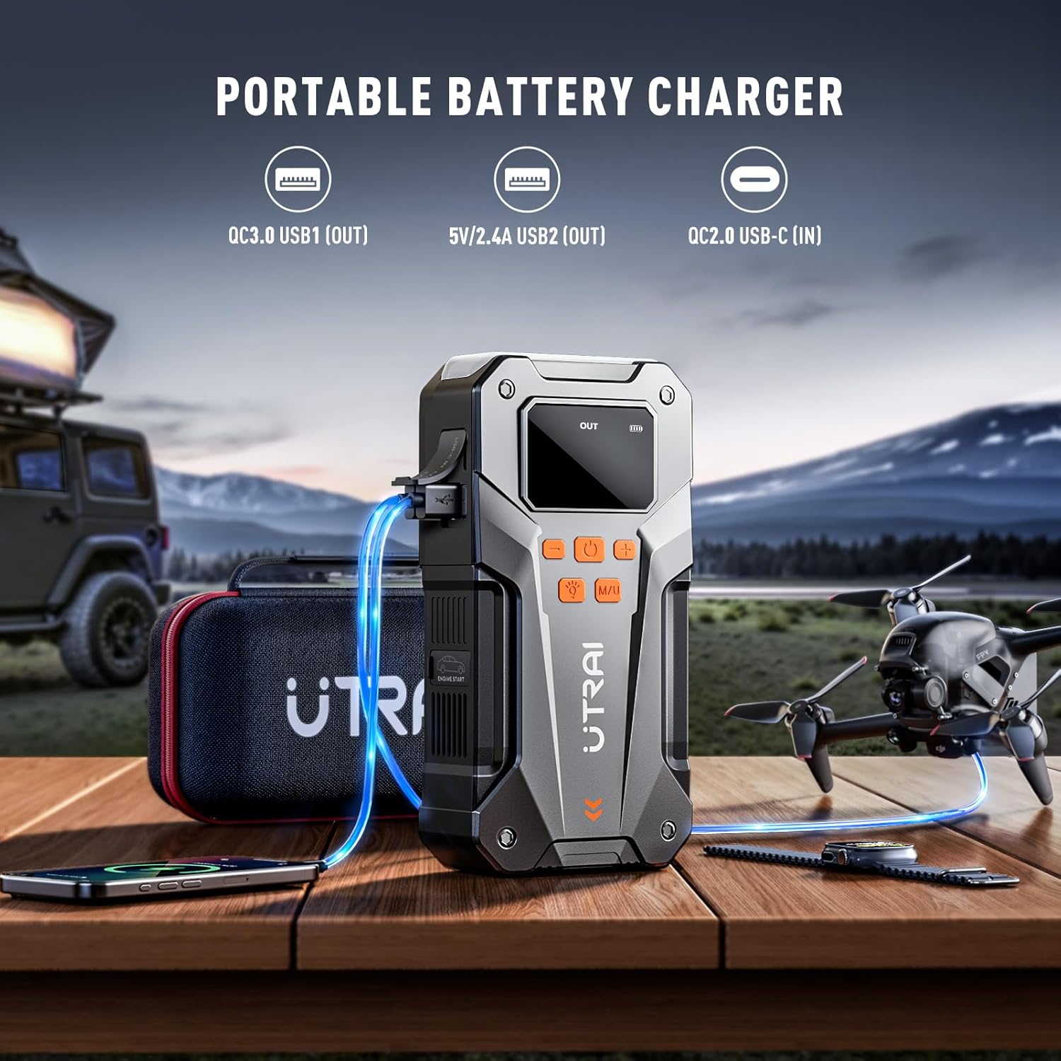 UTRAI 5000A 150PSI Jump Starter with Air Compressor, 12V Portable Car Battery Charger for All Gas and 10.0L Diesel Engines, Car Starter Jump Box with Jumper Cable, 3 Modes Flashlight and Storage Case