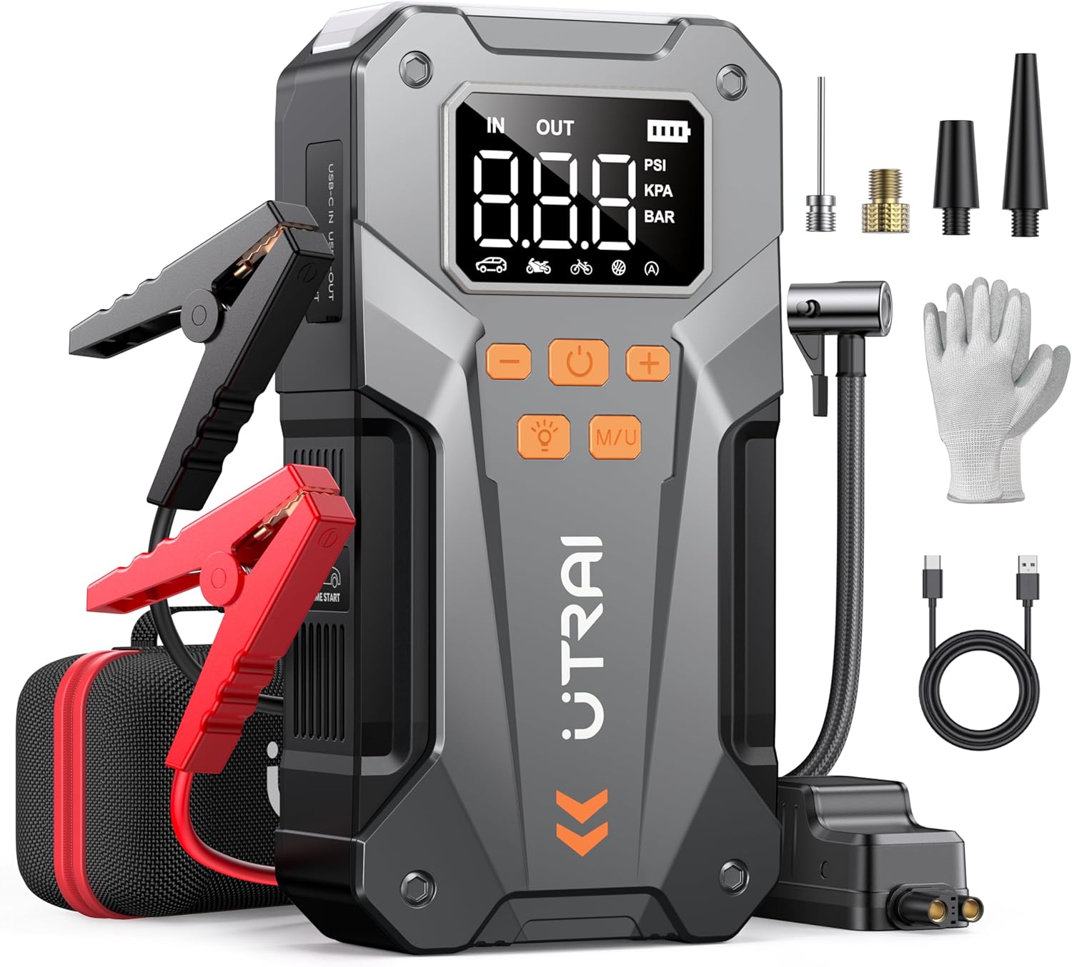 UTRAI 5000A 150PSI Jump Starter with Air Compressor, 12V Portable Car Battery Charger for All Gas and 10.0L Diesel Engines, Car Starter Jump Box with Jumper Cable, 3 Modes Flashlight and Storage Case