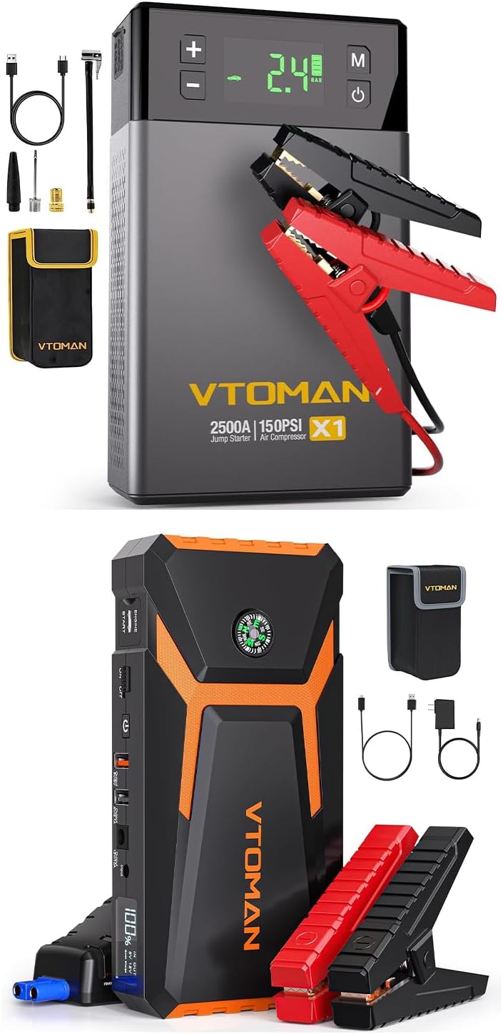 VTOMAN X1 Jump Starter with Air Compressor, Car Battery Jumper Starter (2500A, Up to 8.5L Gas/6L Diesel Engine) with 150PSI Auto Tire Inflator + VTOMAN V8 Pro 3000A Jump Starter