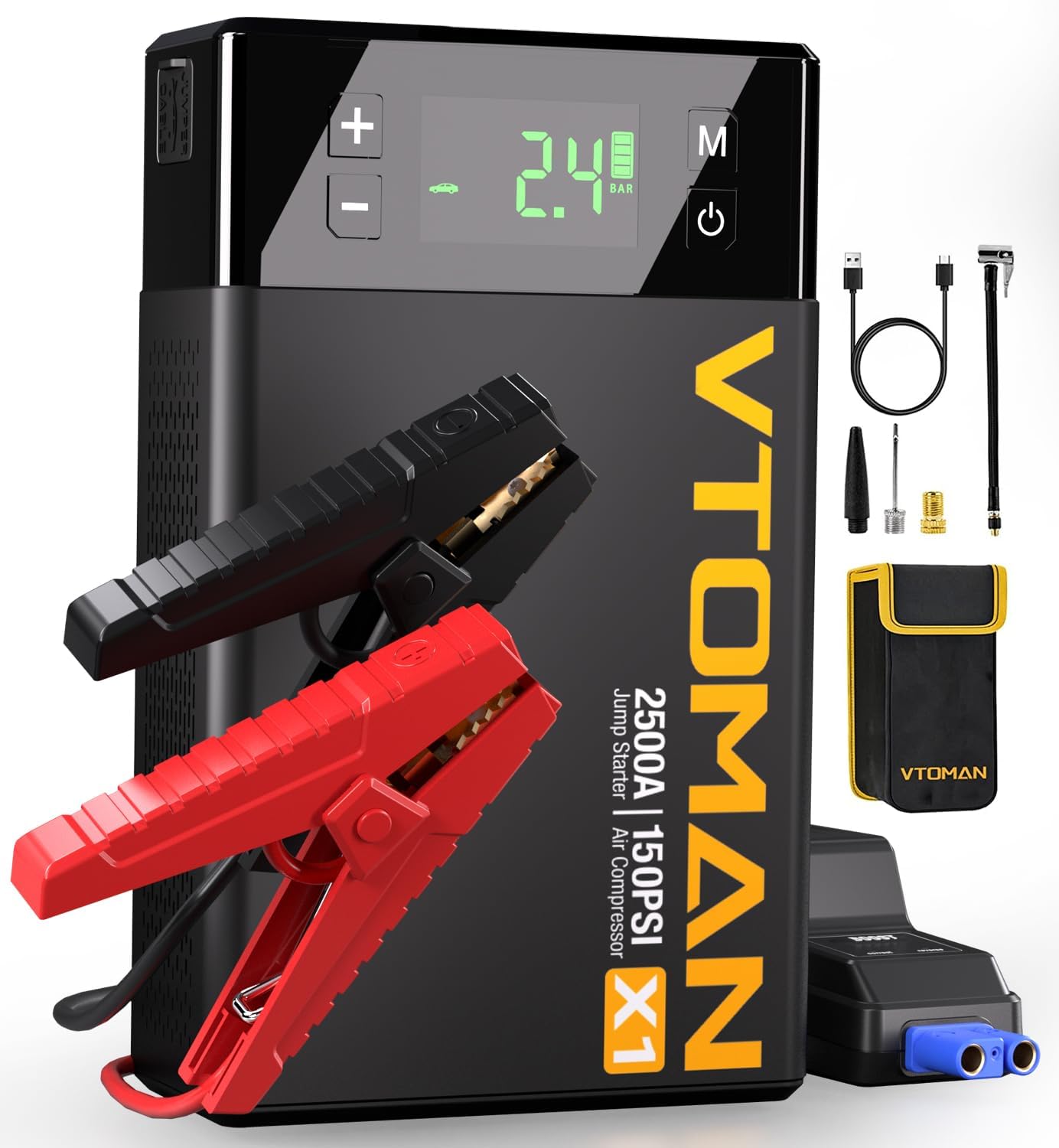 VTOMAN X1 Jump Starter with Air Compressor, Car Battery Jumper Starter (2500A,Up to 8.5L Gas/6L Diesel Engine) with 150PSI Auto Tire Inflator, 12V Portable Booster Pack, Lithium Jump Box Charger-Black VTOMAN X1 Jump Starter with Air Compressor, Car Battery Jumper Starter (2500A,Up to 8.5L Gas/6L Diesel Engine) with 150PSI Auto Tire Inflator, 12V Portable Booster Pack, Lithium Jump Box Charger-Black