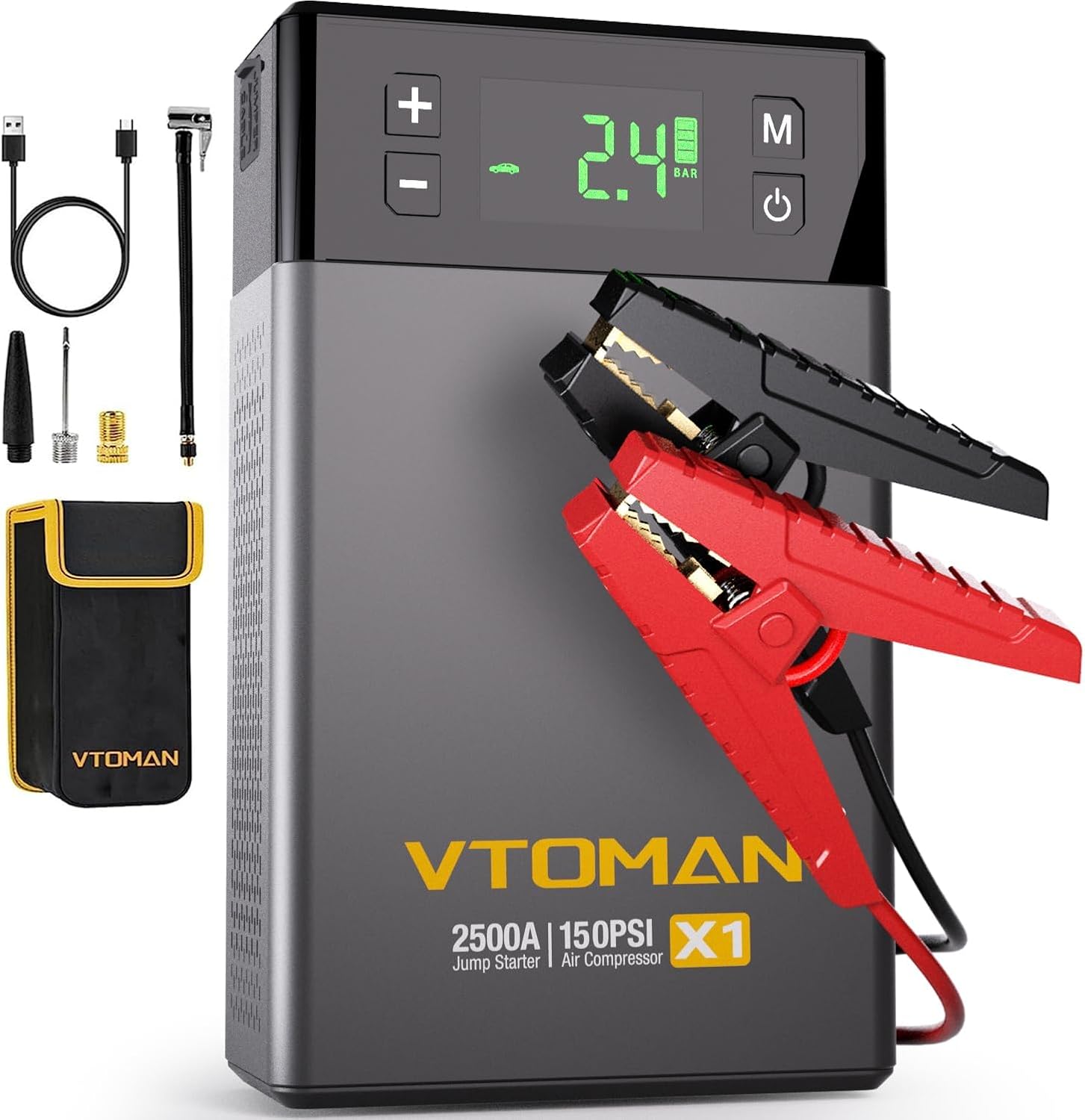 VTOMAN X1 Jump Starter with Air Compressor, Car Battery Jumper Starter (2500A,Up to 8.5L Gas/6L Diesel Engine) with 150PSI Auto Tire Inflator, 12V Portable Booster Pack, Lithium Jump Box Charger-Black