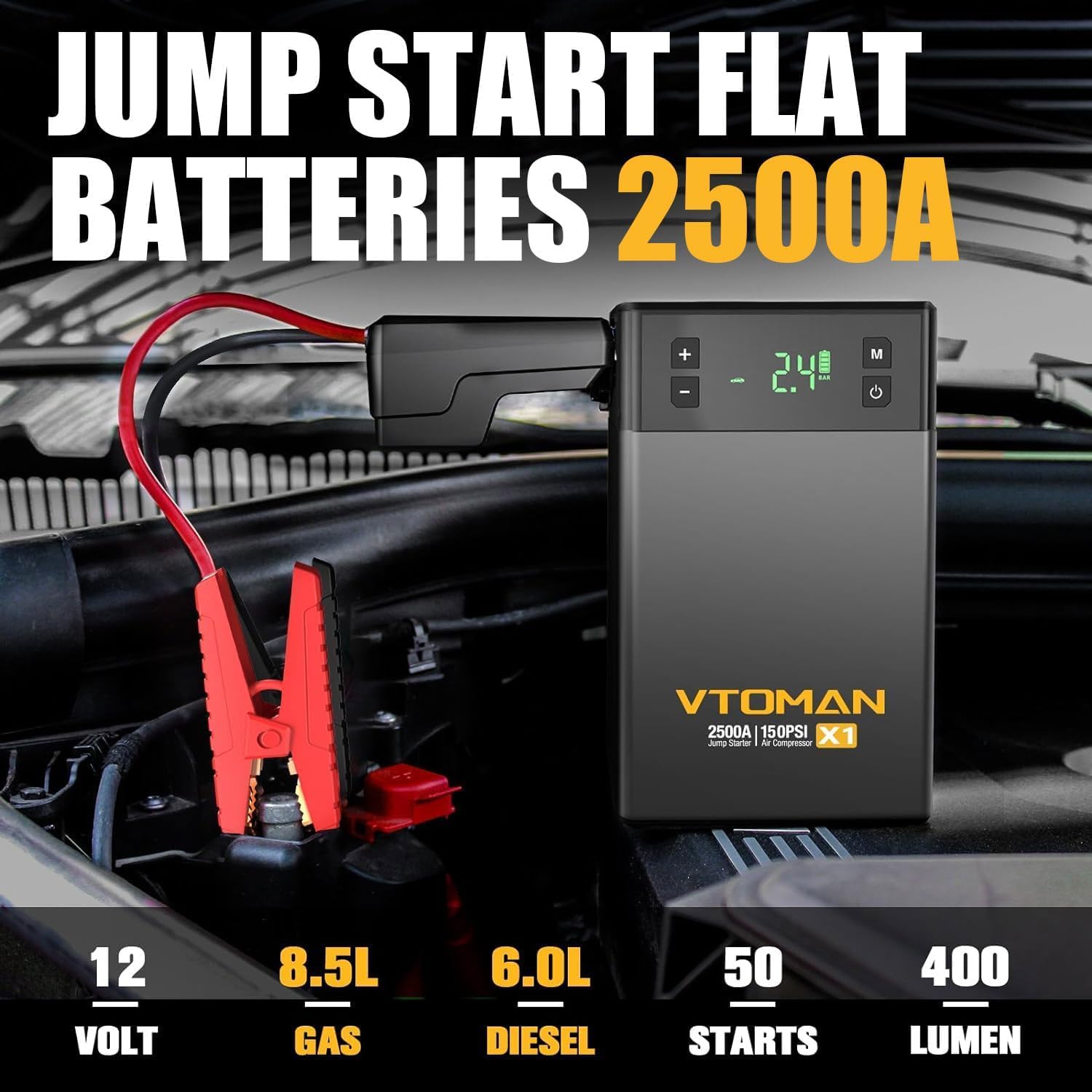 VTOMAN X1 Jump Starter with Air Compressor, Car Battery Jumper Starter (2500A,Up to 8.5L Gas/6L Diesel Engine) with 150PSI Auto Tire Inflator + Air Inflator Hose