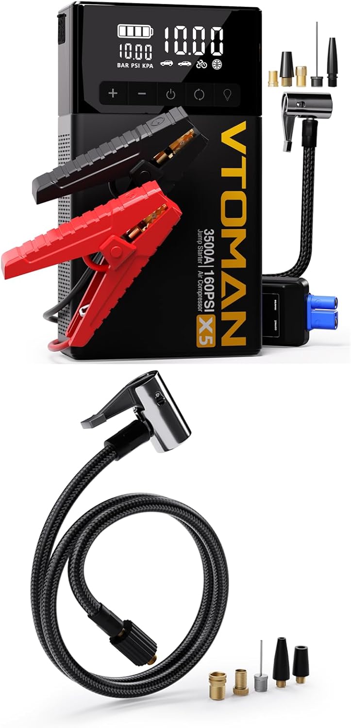 VTOMAN X5 Jump Starter with Air Compressor, 3500A Portable Car Battery Booster (Up to 9L Gas/8L Diesel Engines) with 160PSI Digital Tire Inflator + Air Inflator Hose