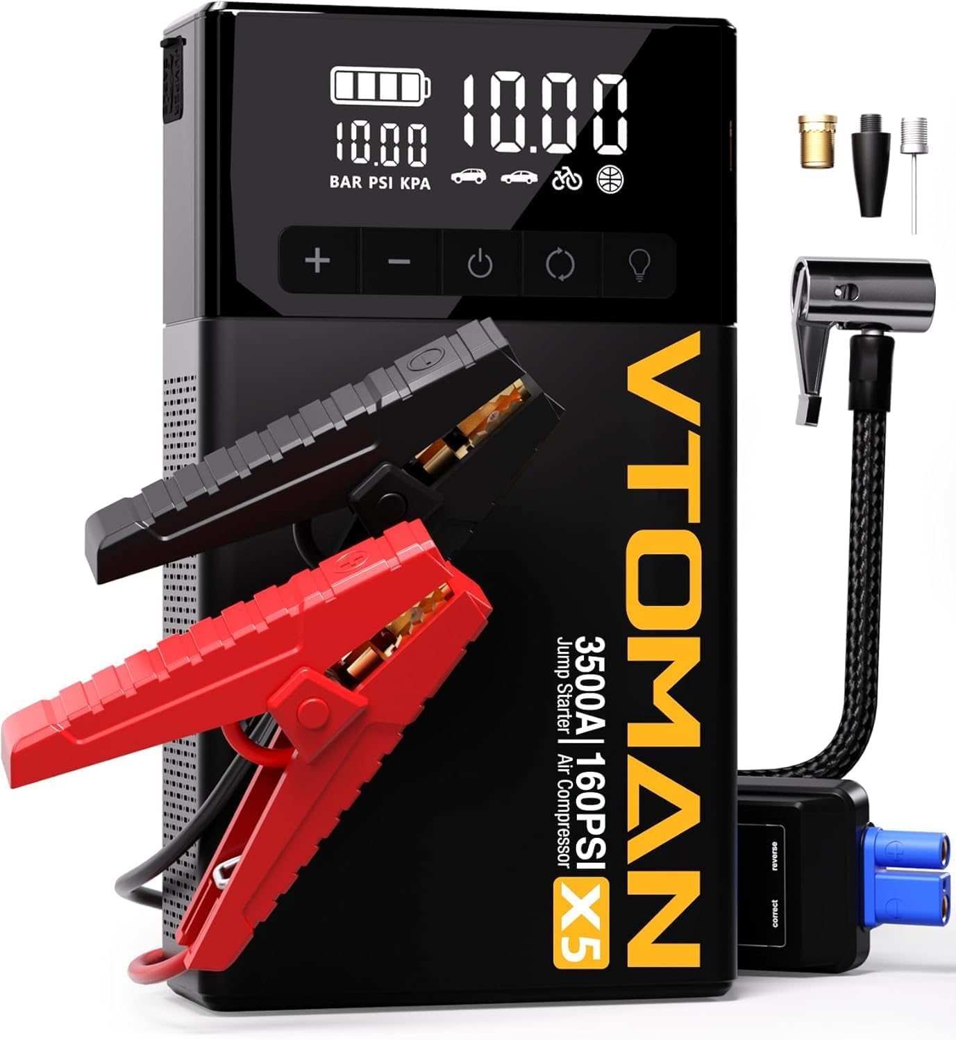 VTOMAN X5 Jump Starter with Air Compressor, 3500A Portable Car Battery Booster (Up to 9L Gas/8L Diesel Engines) with 160PSI Digital Tire Inflator + Air Inflator Hose