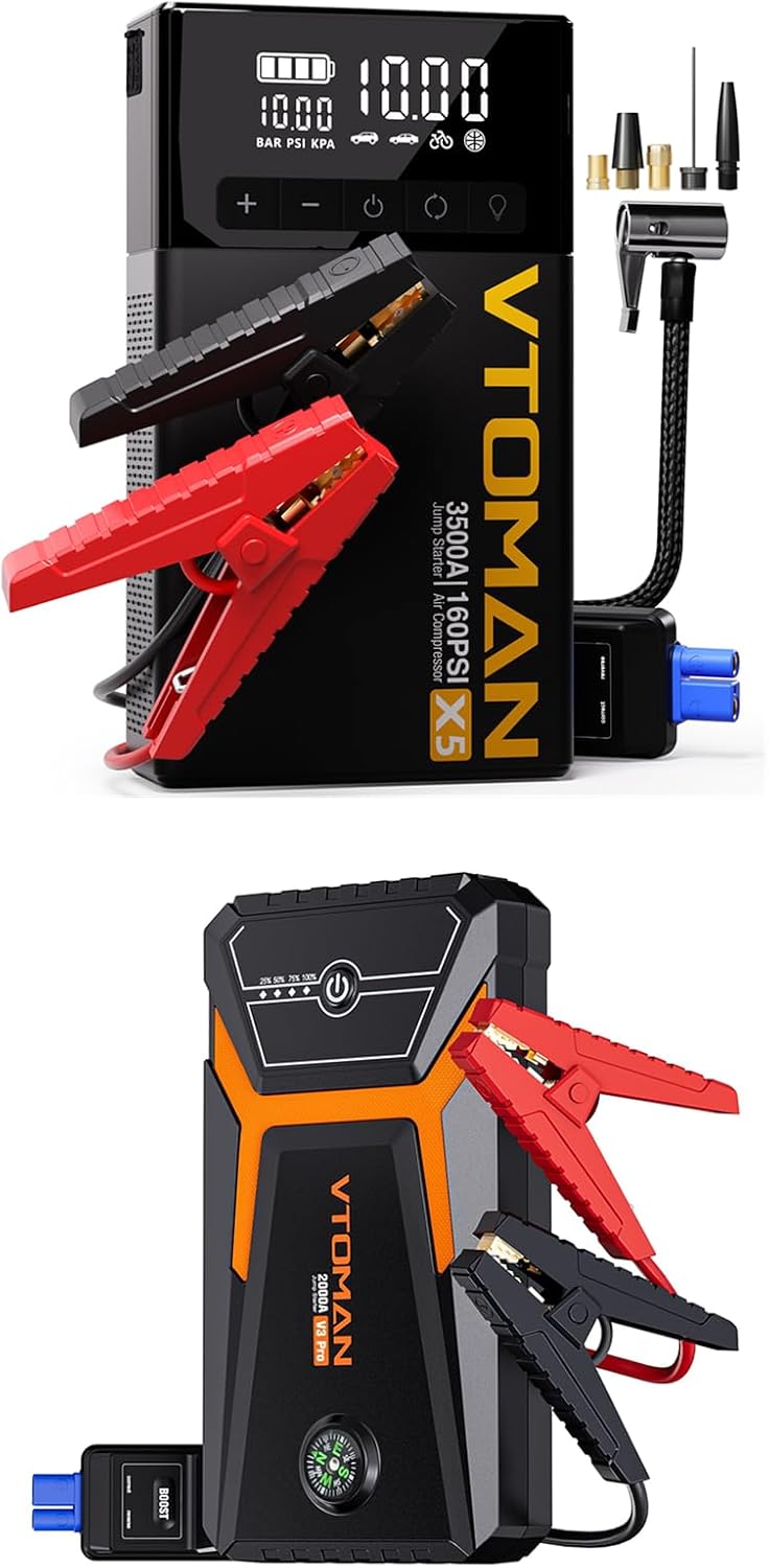 VTOMAN X5 Jump Starter with Air Compressor, 3500A Portable Car Battery Booster (Up to 9L Gas/8L Diesel Engines) with 160PSI Digital Tire Inflator + V3 Pro 2000A Jump Starter
