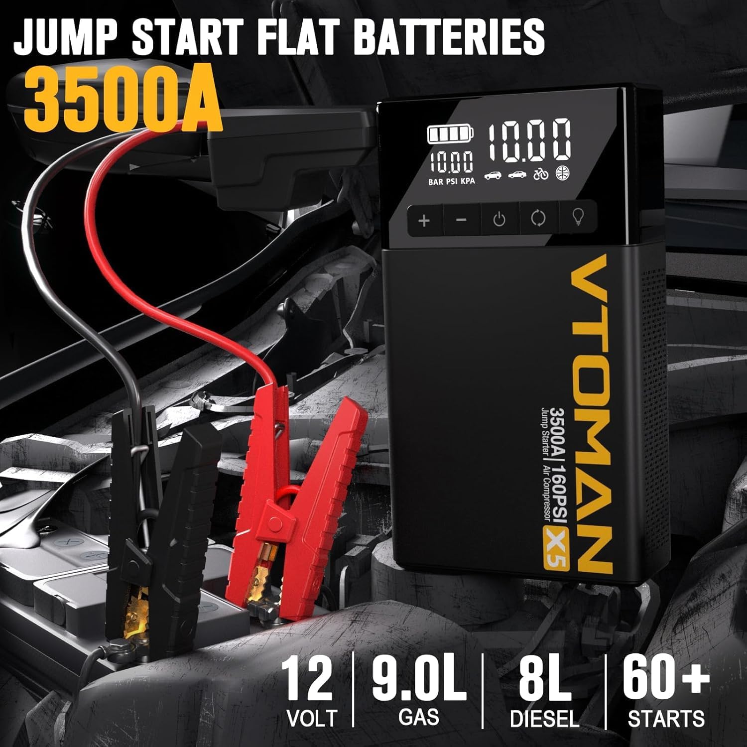 VTOMAN X5 Jump Starter with Air Compressor, 3500A Portable Car Battery Booster (Up to 9L Gas/8L Diesel Engines) with 160PSI Digital Tire Inflator + V3 Pro 2000A Jump Starter