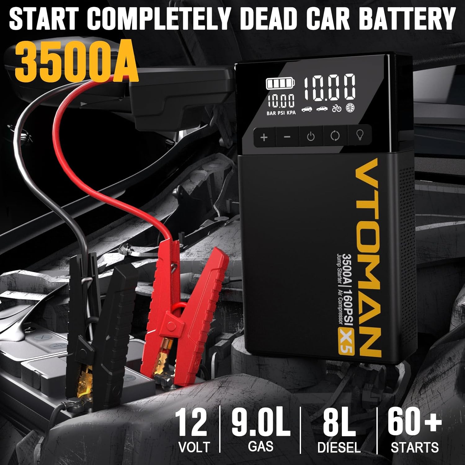 VTOMAN X5 Jump Starter with Air Compressor, 3500A Portable Car Battery Booster (Up to 9L Gas/8L Diesel Engines) with 160PSI Digital Tire Inflator, Type-C Quick Charge (Black and Gray)
