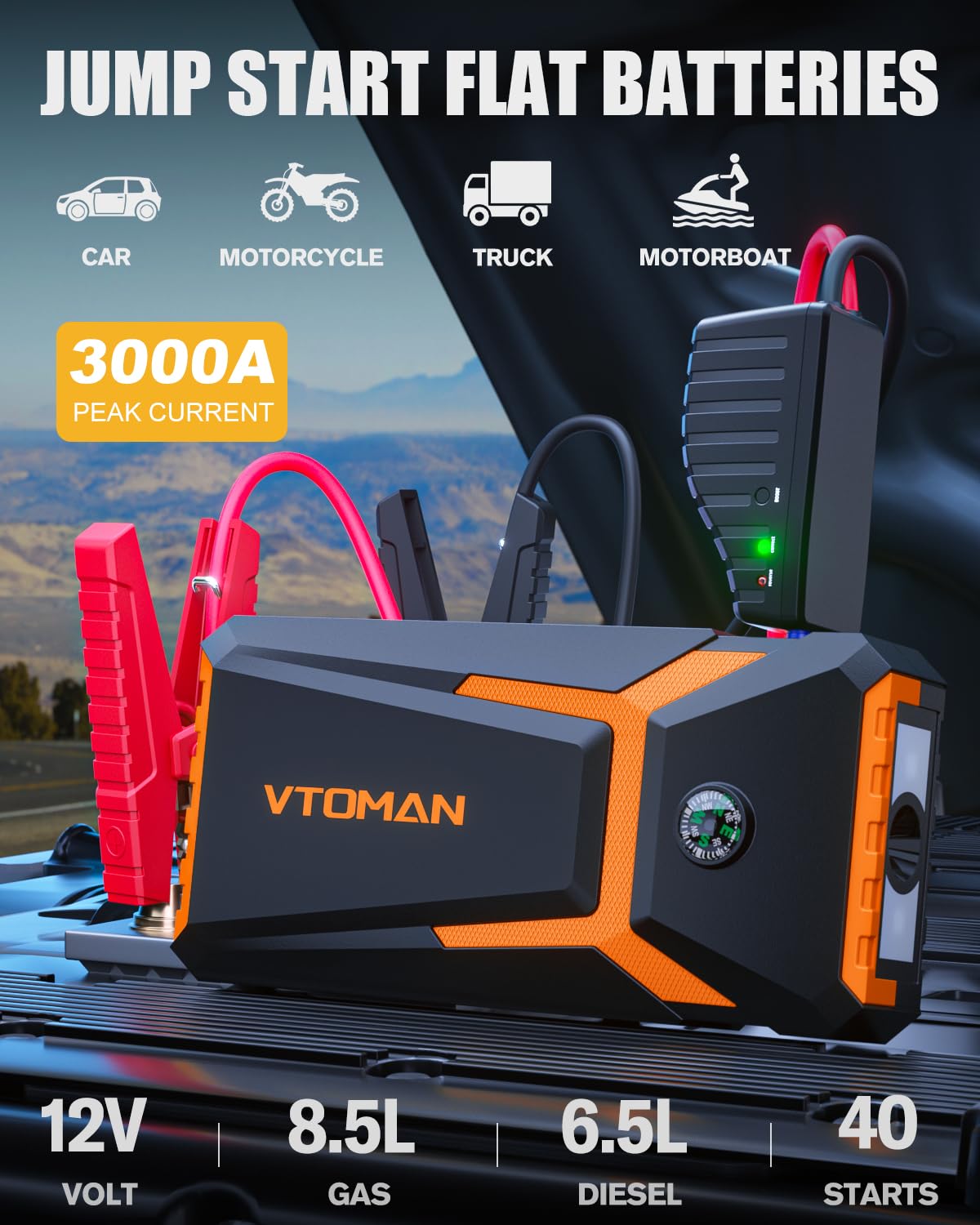 VTOMAN X5 Jump Starter with Air Compressor, 3500A Portable Car Battery Booster with 160PSI Digital Tire Inflator, and VTOMAN V8 Jump Starter