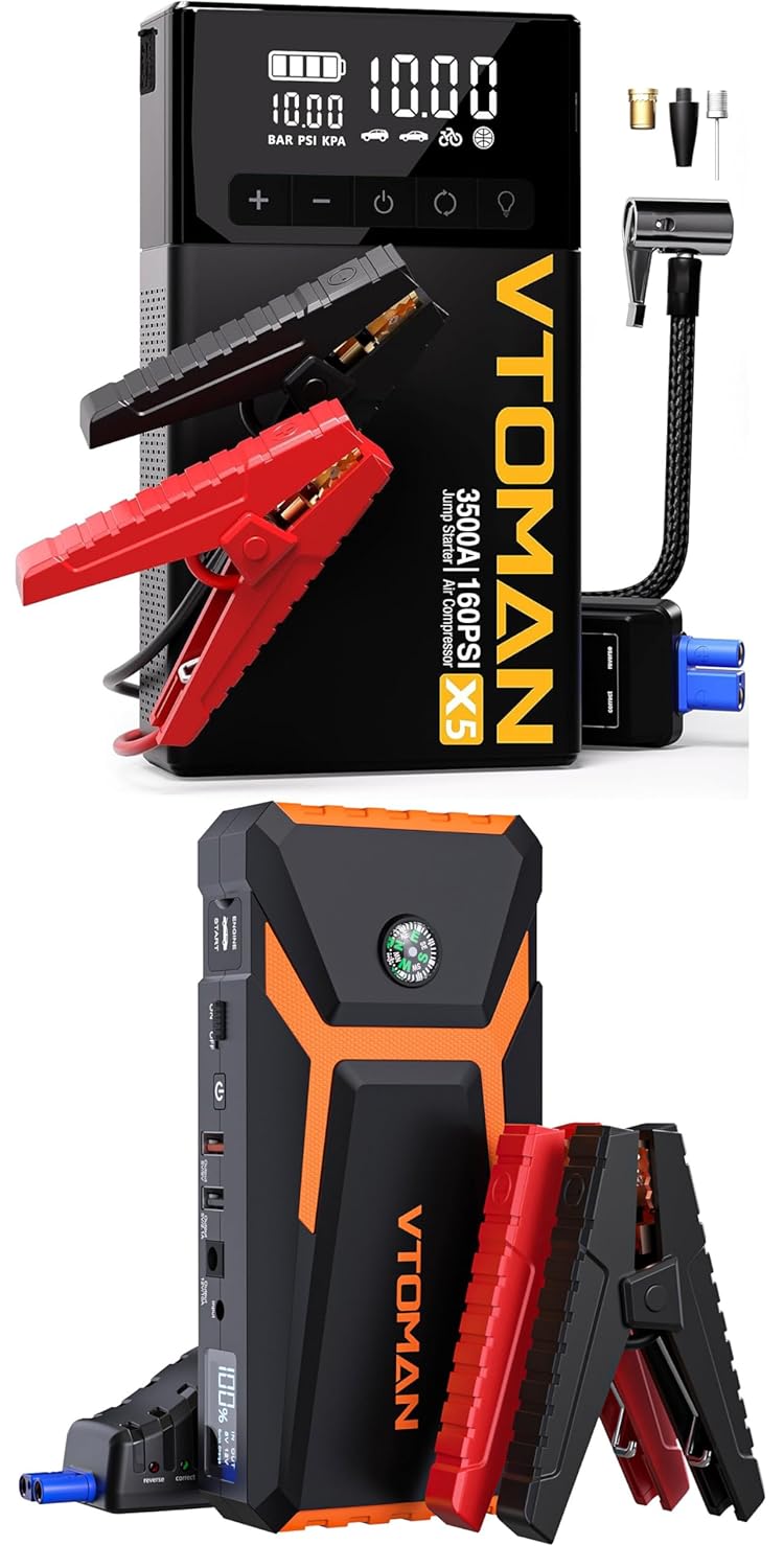 VTOMAN X5 Jump Starter with Air Compressor, 3500A Portable Car Battery Booster with 160PSI Digital Tire Inflator, and VTOMAN V8 Jump Starter