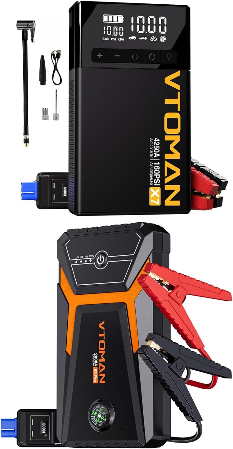 VTOMAN X7 Jump Starter with Air Compressor and V3 Pro Jump Starter, 4250A Portable Car Jumper with 160PSI Digital Tire Inflator  2000A Jump Starter