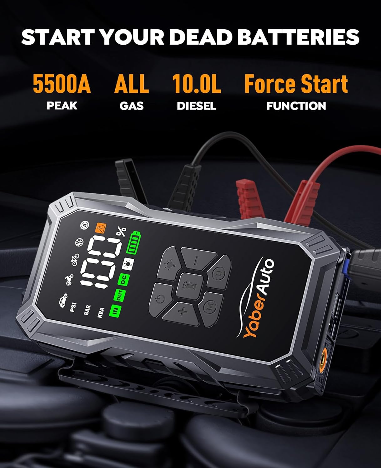 YaberAuto Jump Starter 5500A Portable Car Battery Jump Starter (All Gas/10L Diesel), Jump Box Car Battery Jumper Starter Portable Jumper Cables, Insulated Gloves, 150W DC, Lights