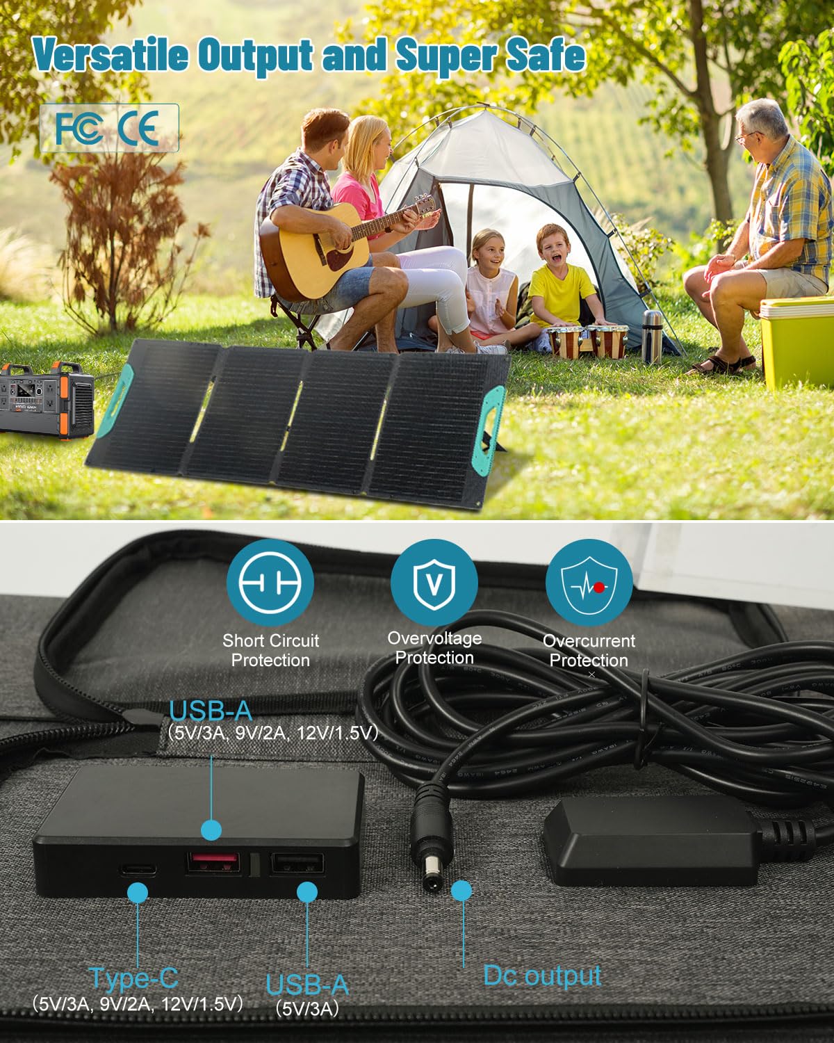 100W Portable Solar Panel for Power Station, Military Integrated Lamination Technology，25% High Efficiency, Waterproof Solar Panel Charger with USB  Type-C Output for Outdoor Camping RV