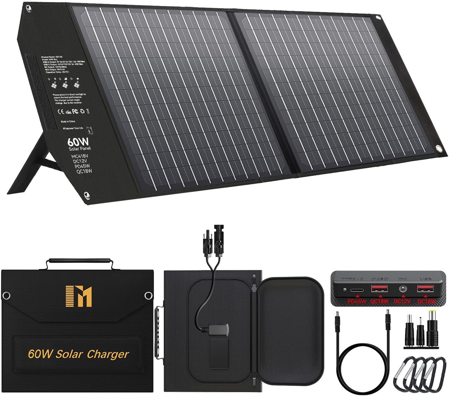 30W Portable Solar Charger Foldable Solar Panel with USB C and USB A 18V MC4 12V DC for Camping Backpacking Travel Fast Charging for iPhone LG Google Cell Phone Power Bank Generator Power Station