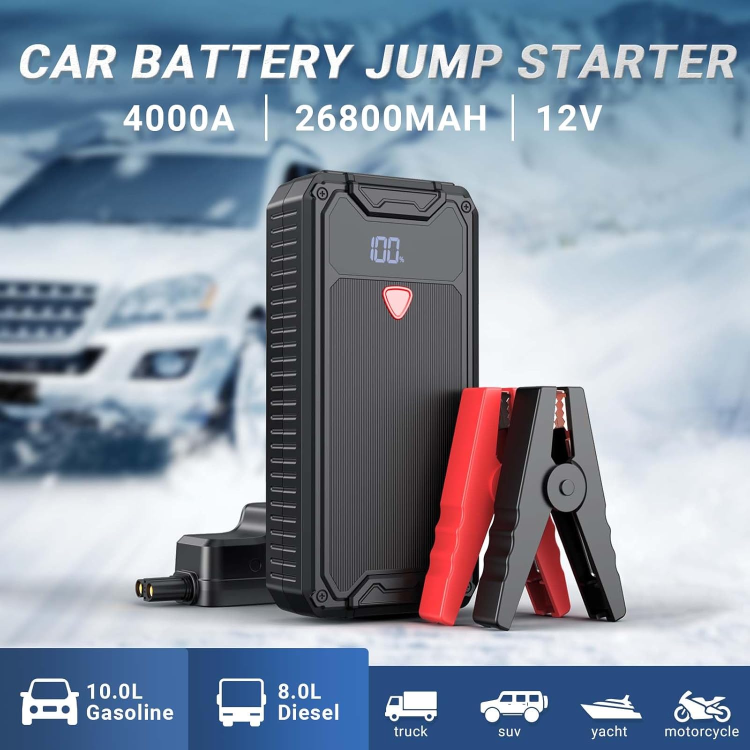 4000A Battery Jump Starter Portable, USB C Car Battery Pack Jump Starter Box for Car, 26800mAh Booster Jump Start Power Bank Jumper Starter Portable