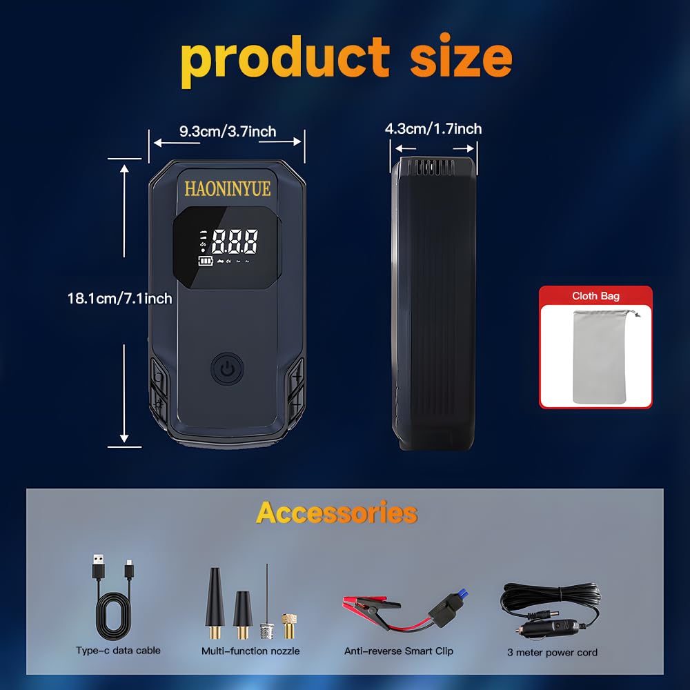 Air Compressor Tire Inflator Pump, Car Battery Starter Portable with LED Lights and Display,10000mAh 3000A 12V Car Emergency Starter Power Supply, 150PSI Ultra High Pressure Tire Inflator